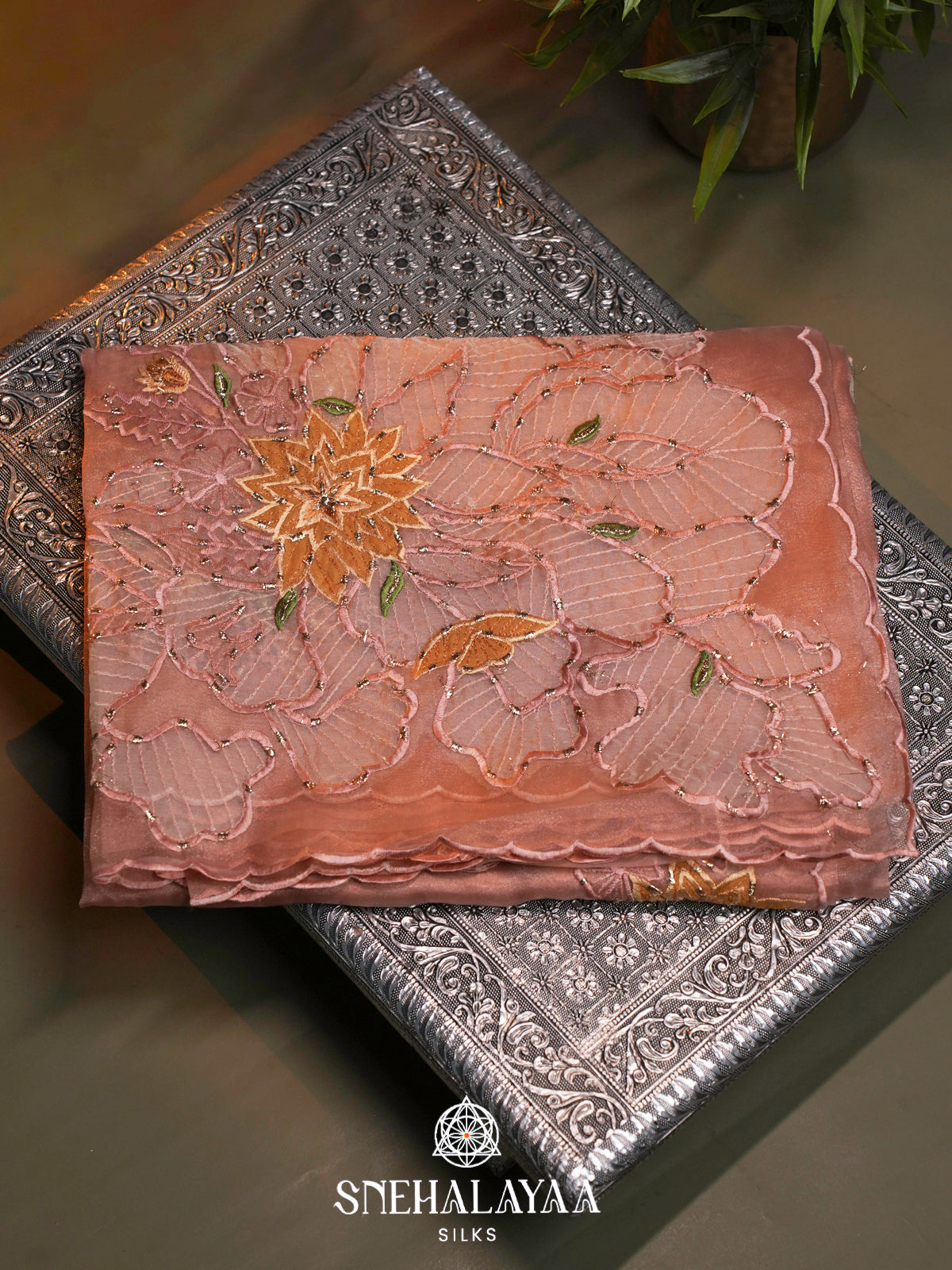Peach Embroidered Organza Saree
