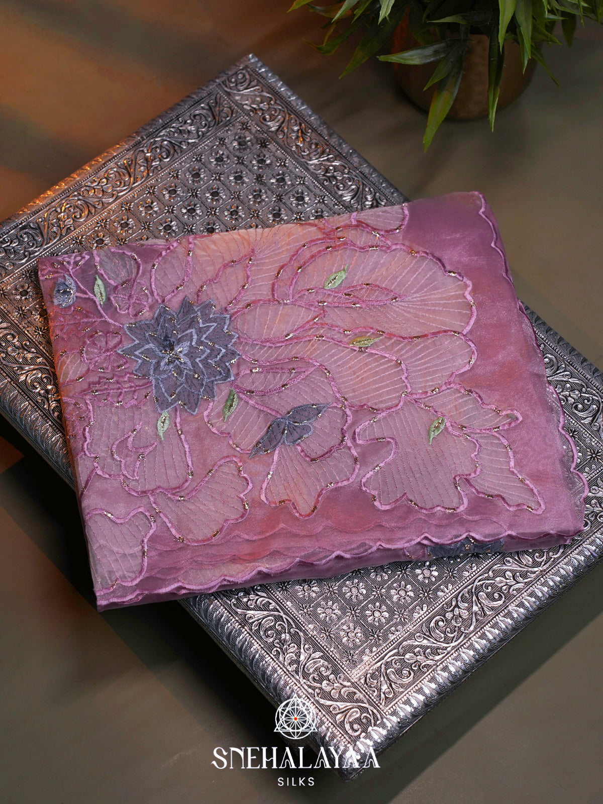 Lavender Embroidered Organza Saree