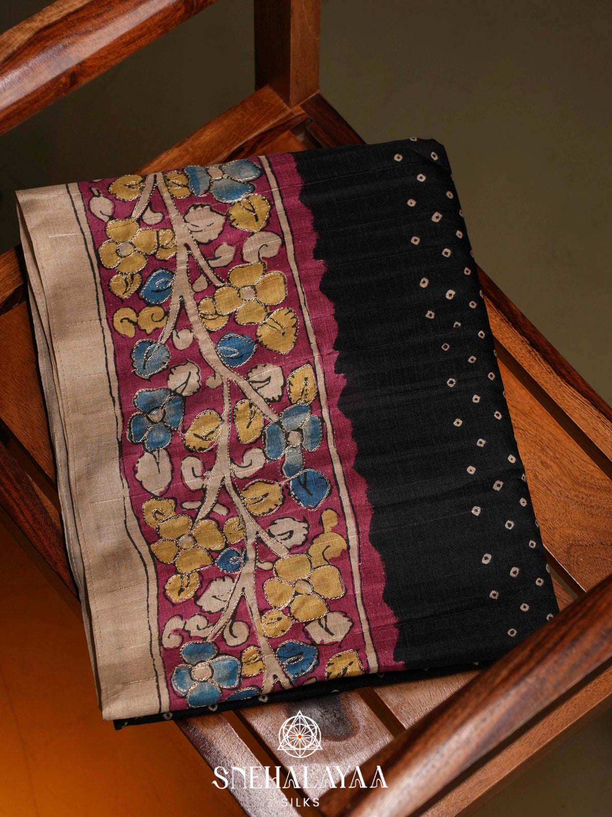 Black Tussar Saree with Floral Printed Border