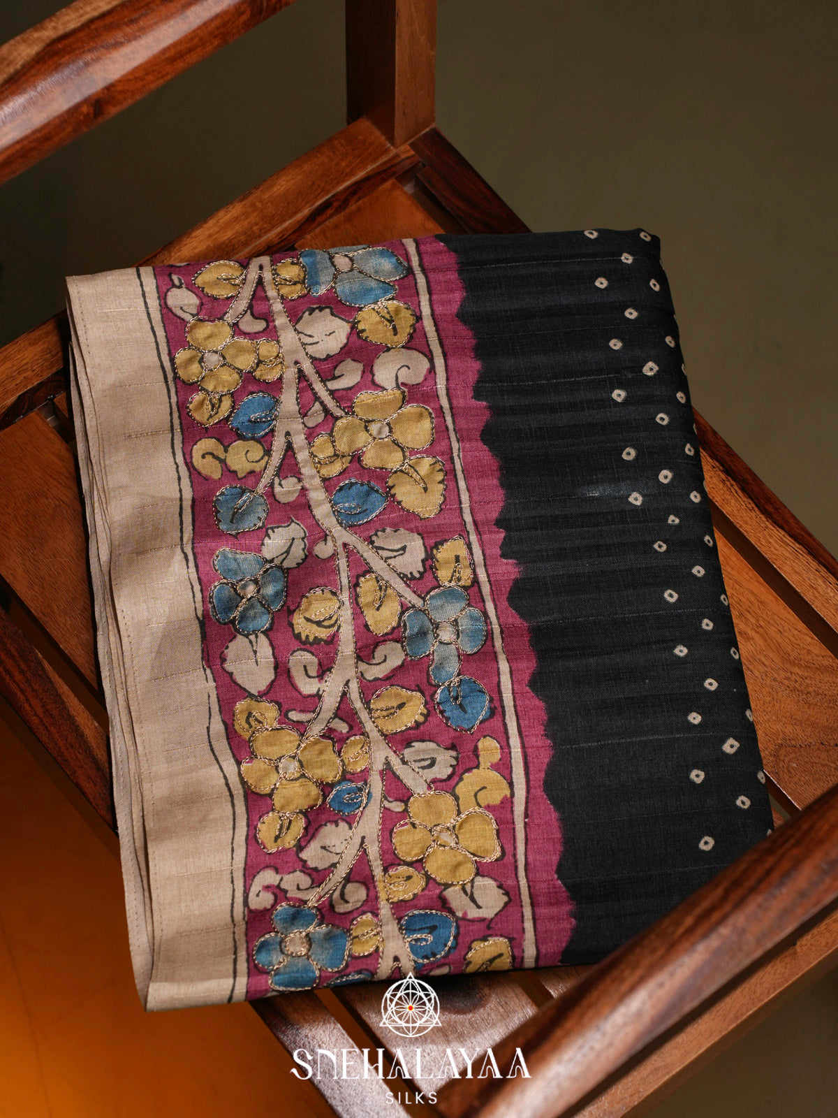 Black Tussar Saree with Floral Printed Border
