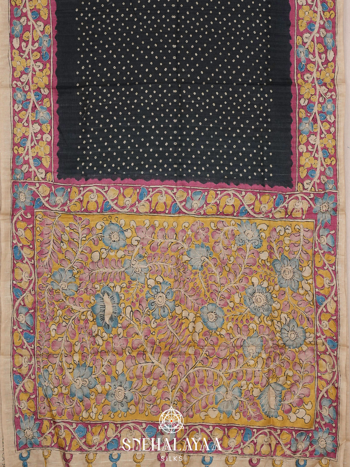 Black Tussar Saree with Floral Printed Border