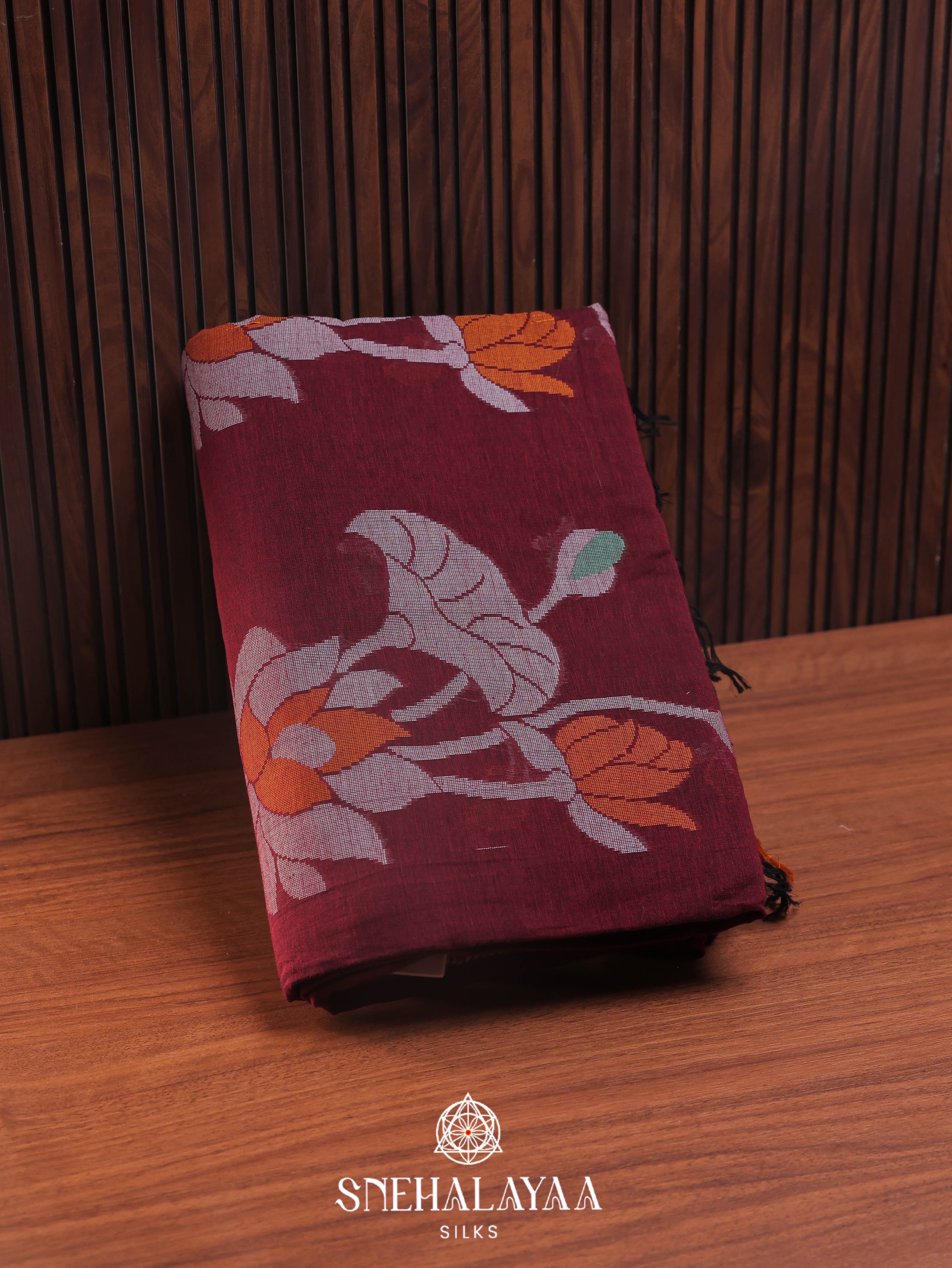 Maroon Khadi Cotton Saree