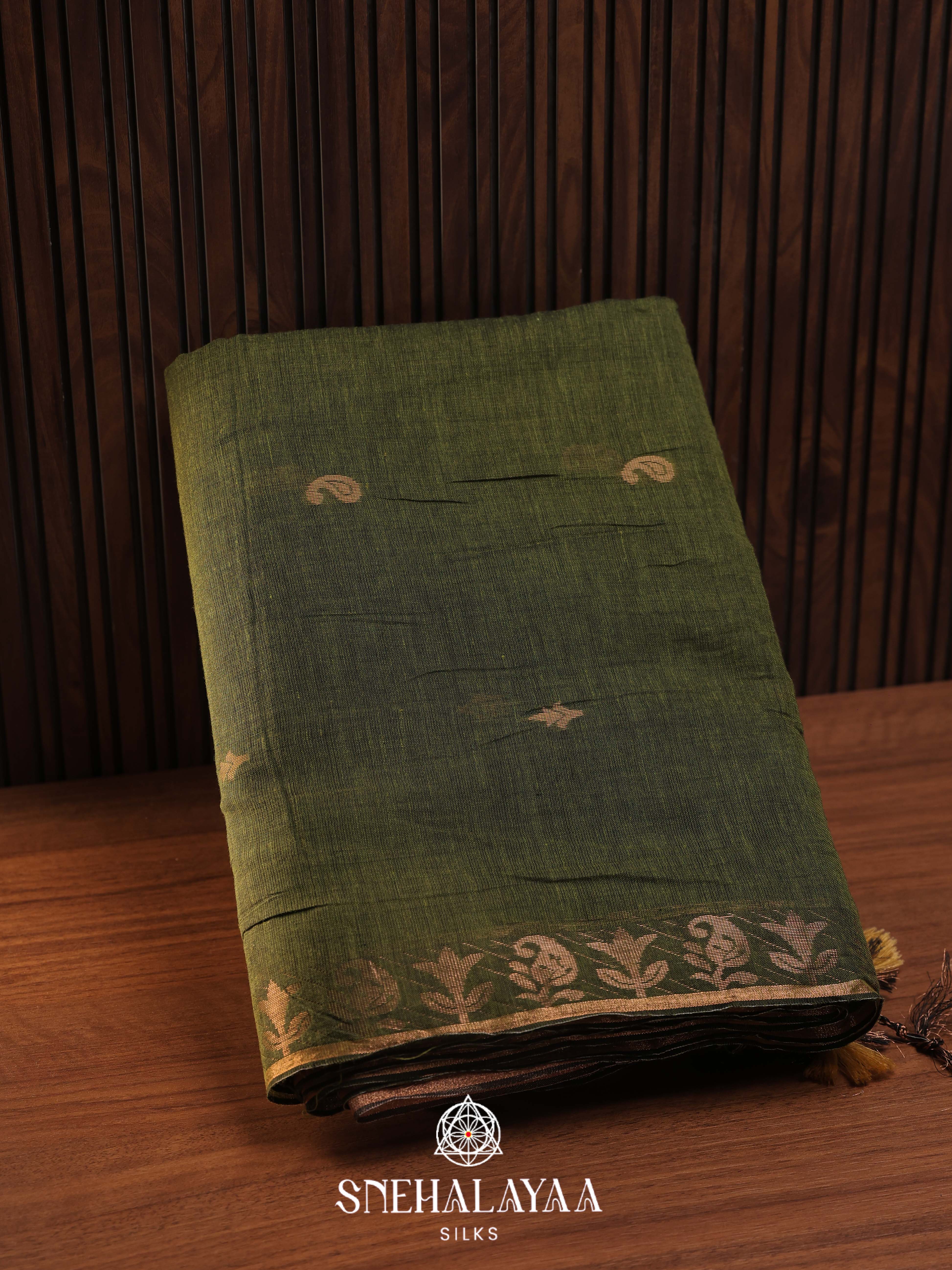Olive Green Khadi Cotton Saree