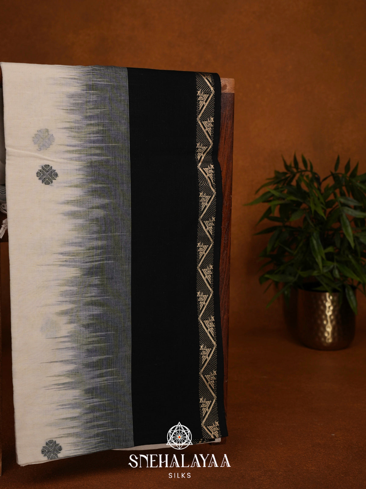 Cream Khadi Cotton Saree With Black Border