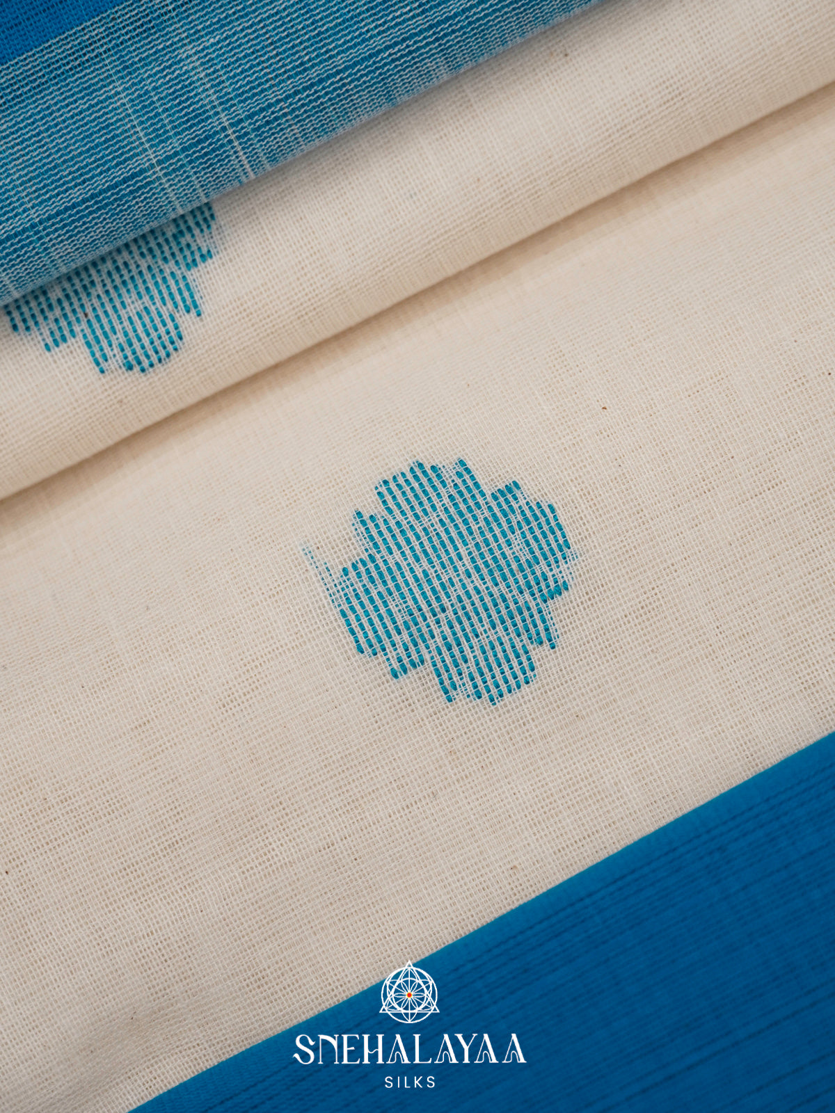 Cream Khadi Cotton Saree With Blue Border