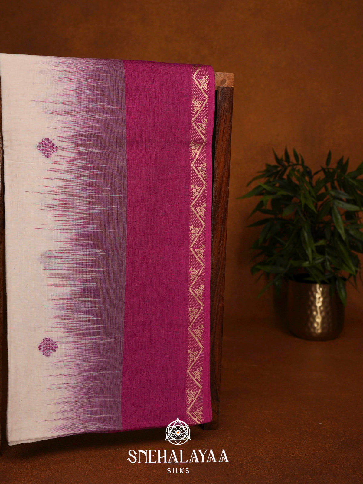 Cream Khadi Cotton Saree With Magenta Border