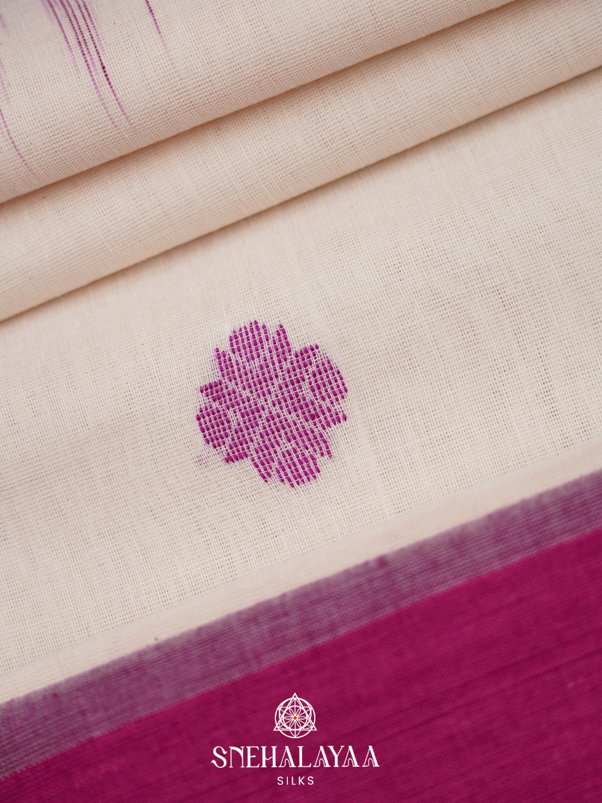 Cream Khadi Cotton Saree With Magenta Border
