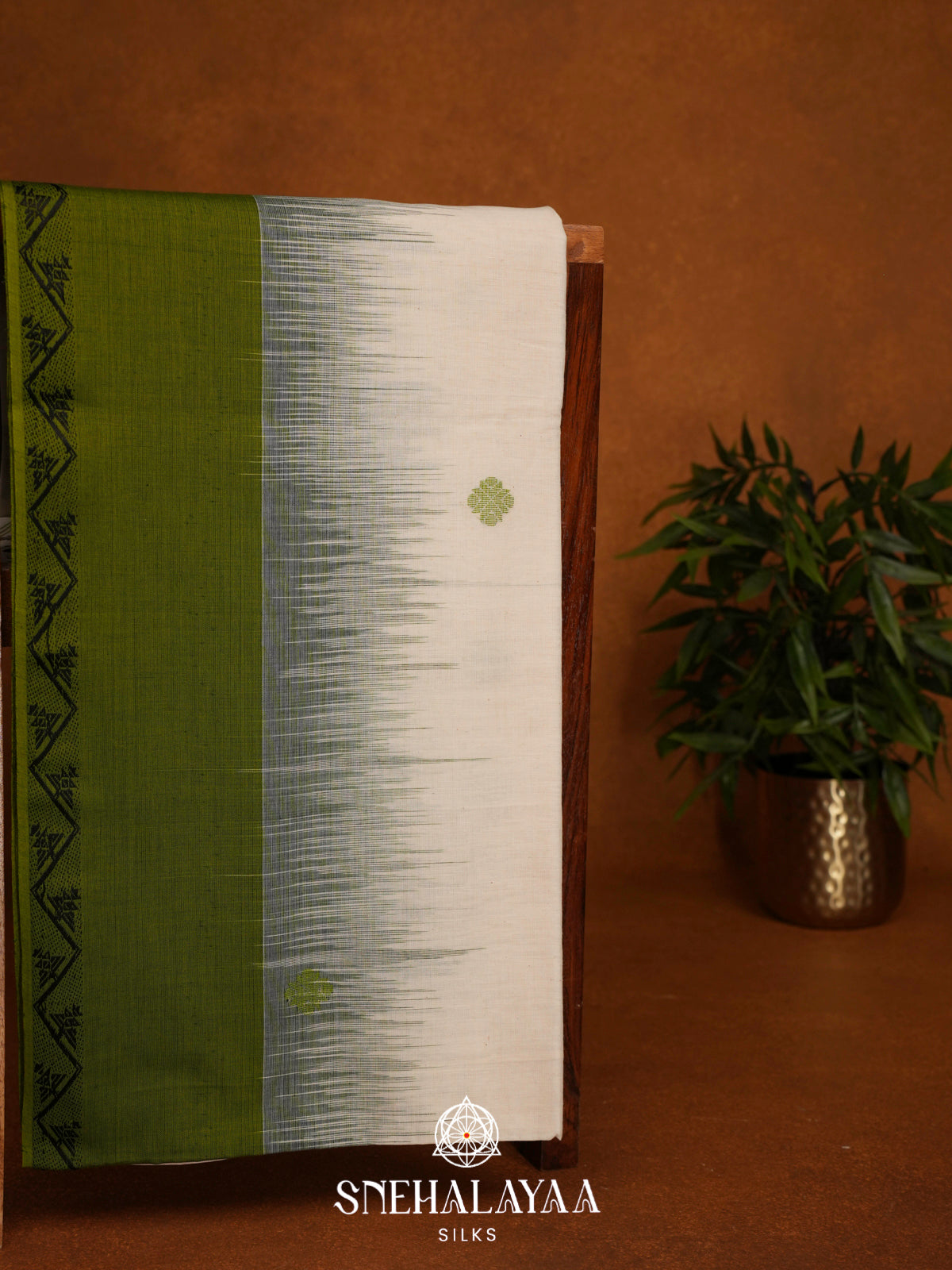 Cream Khadi Cotton Saree With Olive Green Border