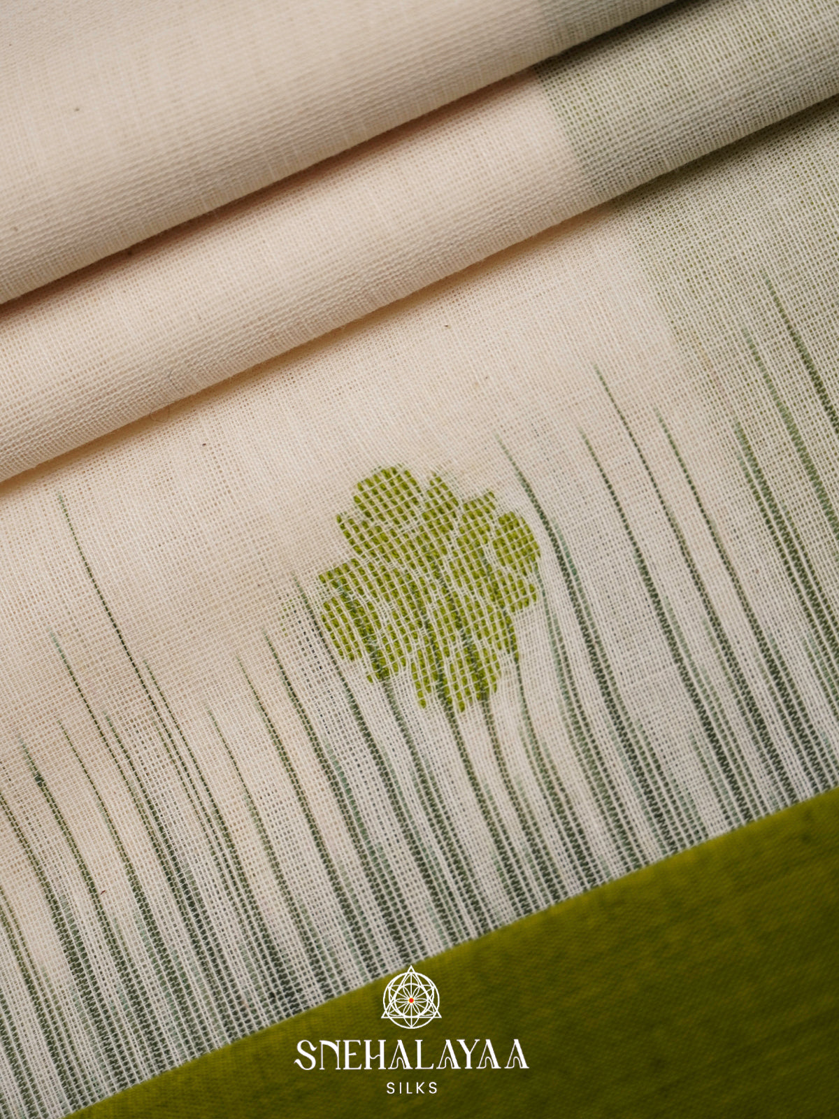 Cream Khadi Cotton Saree With Olive Green Border