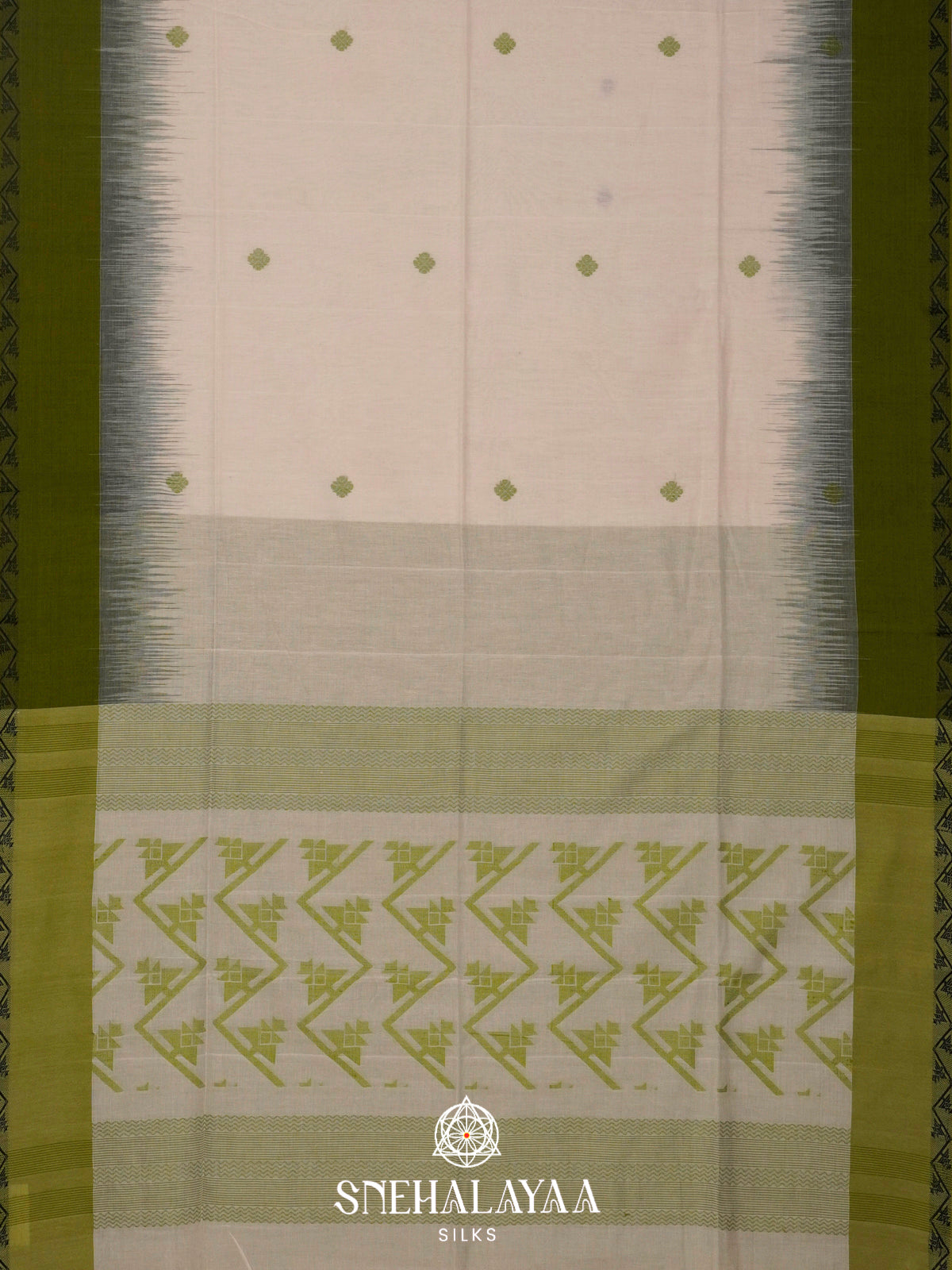 Cream Khadi Cotton Saree With Olive Green Border