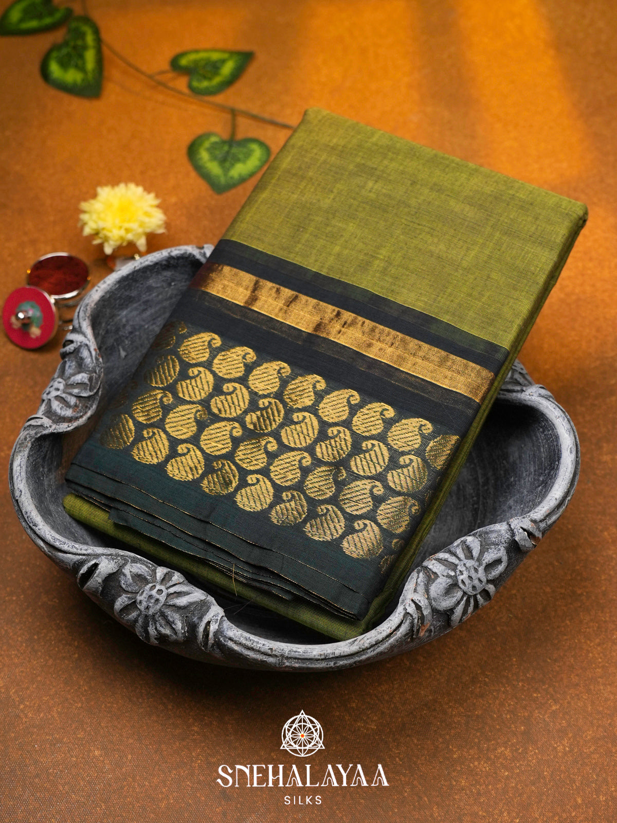 Olive Green Chettinad Cotton Saree