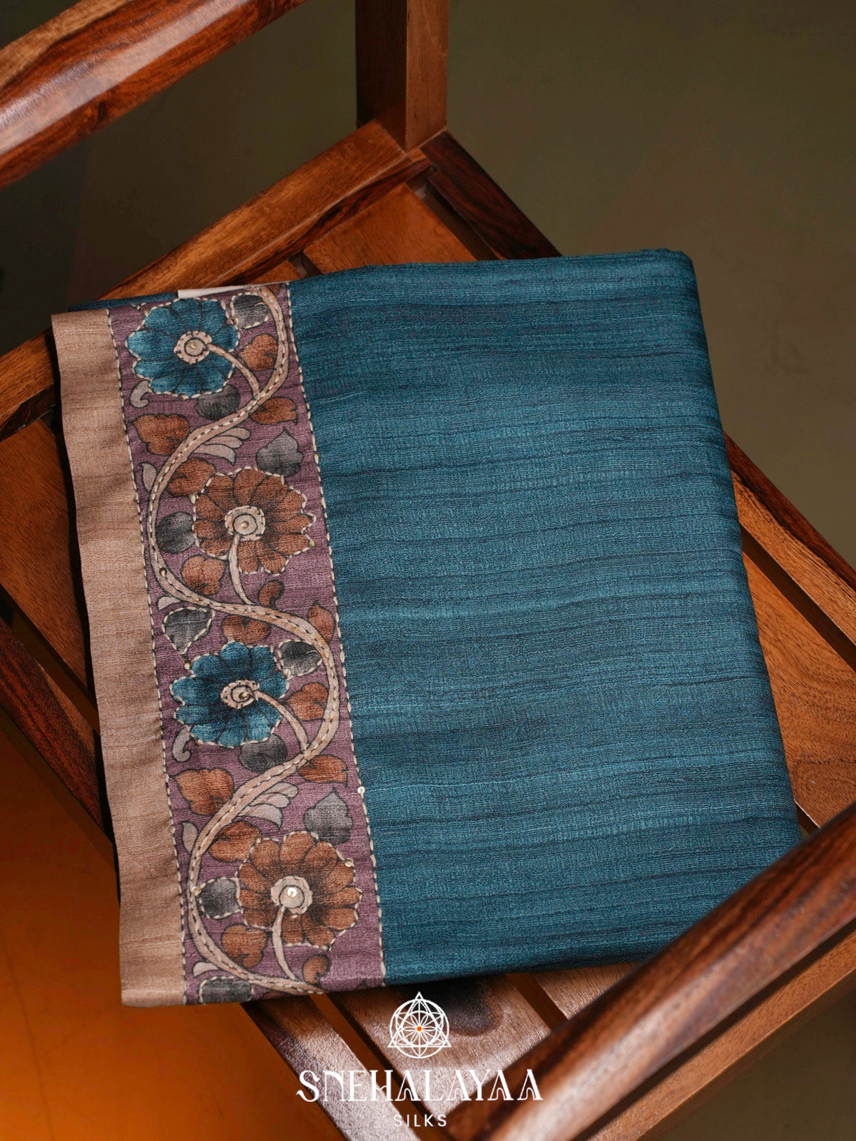 Blue Tussar Embroidery Saree with Floral Printed Border