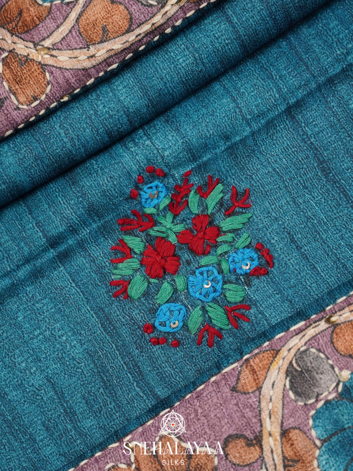 Blue Tussar Embroidery Saree with Floral Printed Border