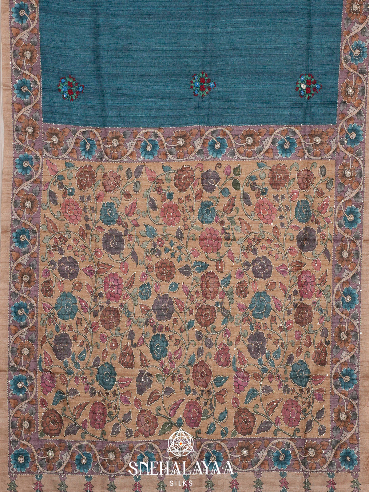 Blue Tussar Embroidery Saree with Floral Printed Border
