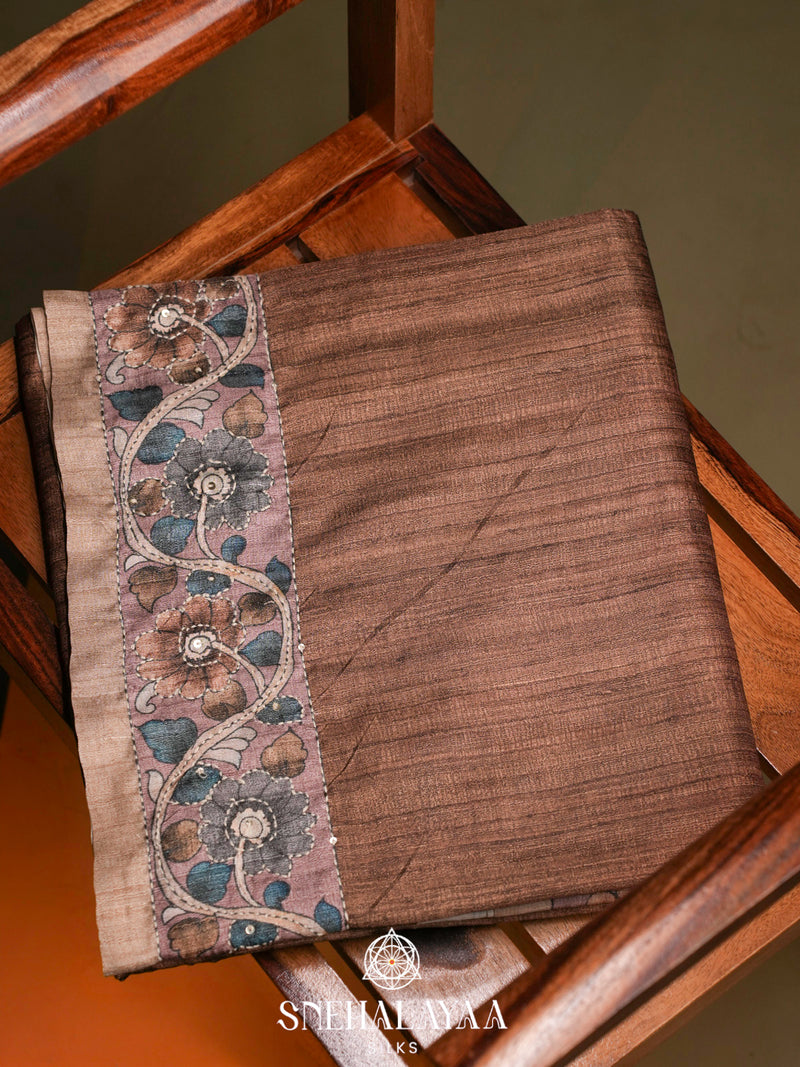 Brown Tussar Embroidery Saree with Floral Printed Border