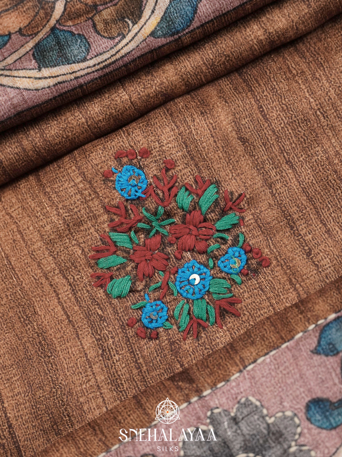 Brown Tussar Embroidery Saree with Floral Printed Border
