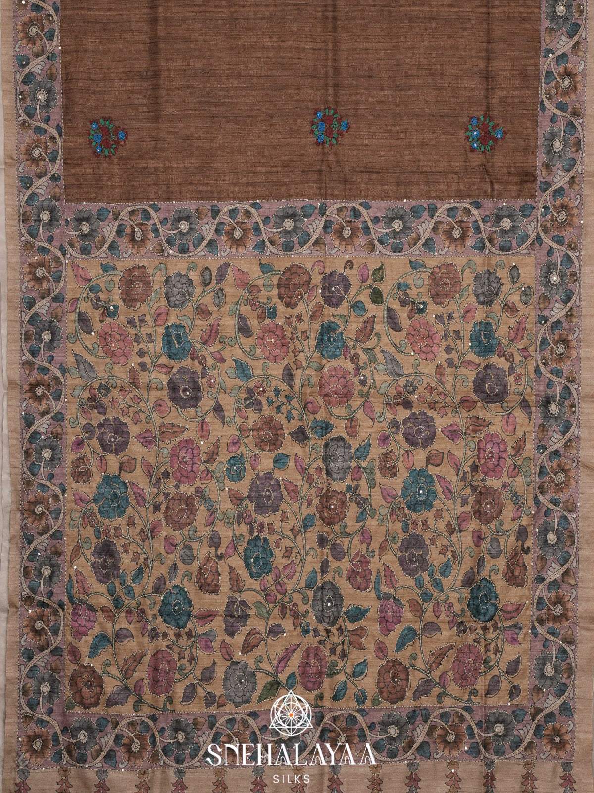 Brown Tussar Embroidery Saree with Floral Printed Border