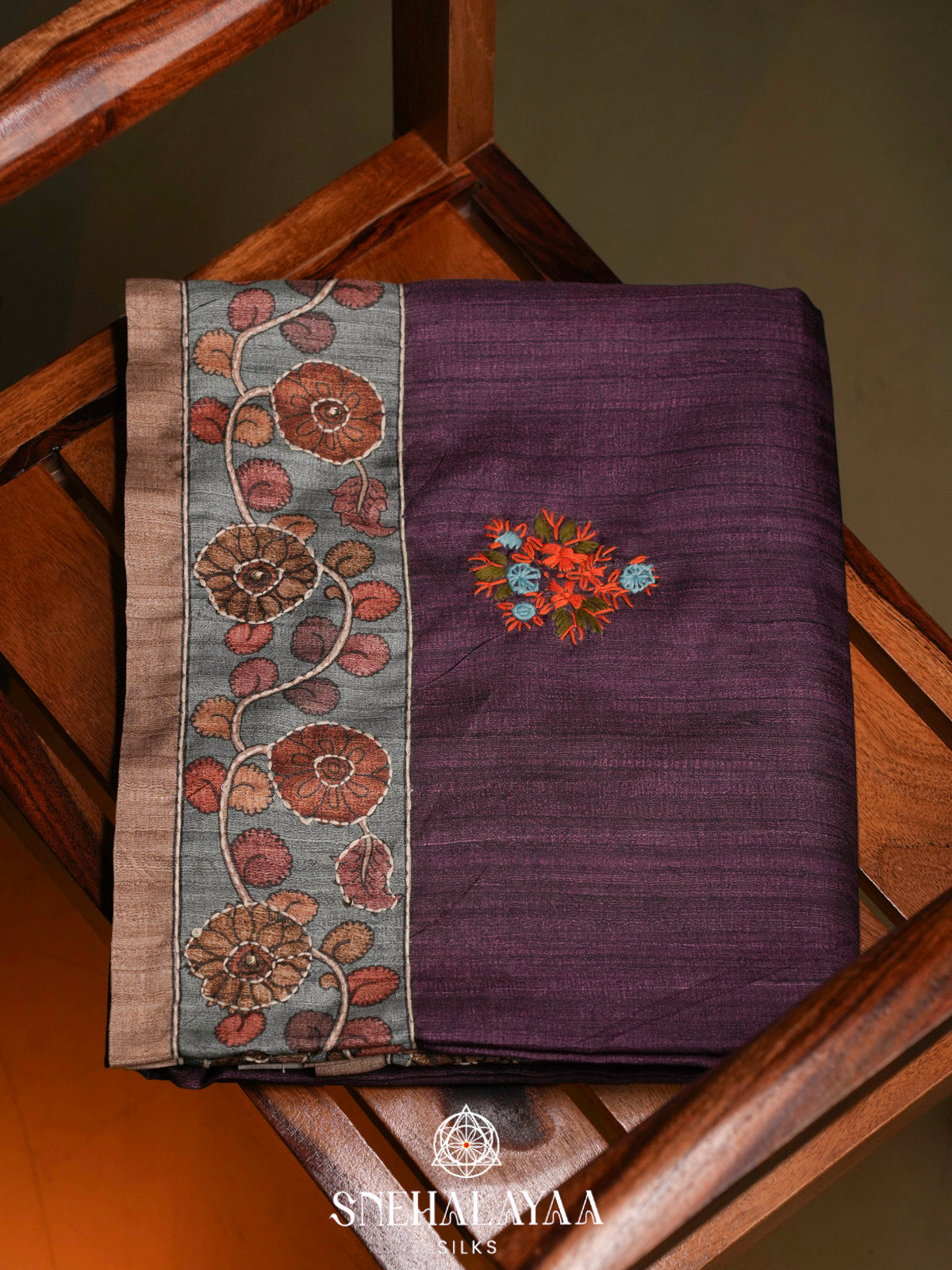 Purple Tussar Embroidery Saree with Floral Printed Border