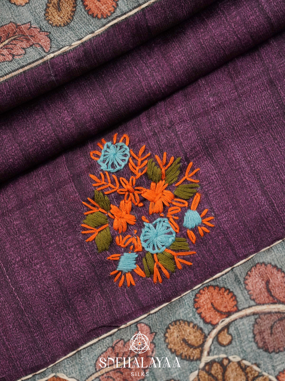 Purple Tussar Embroidery Saree with Floral Printed Border