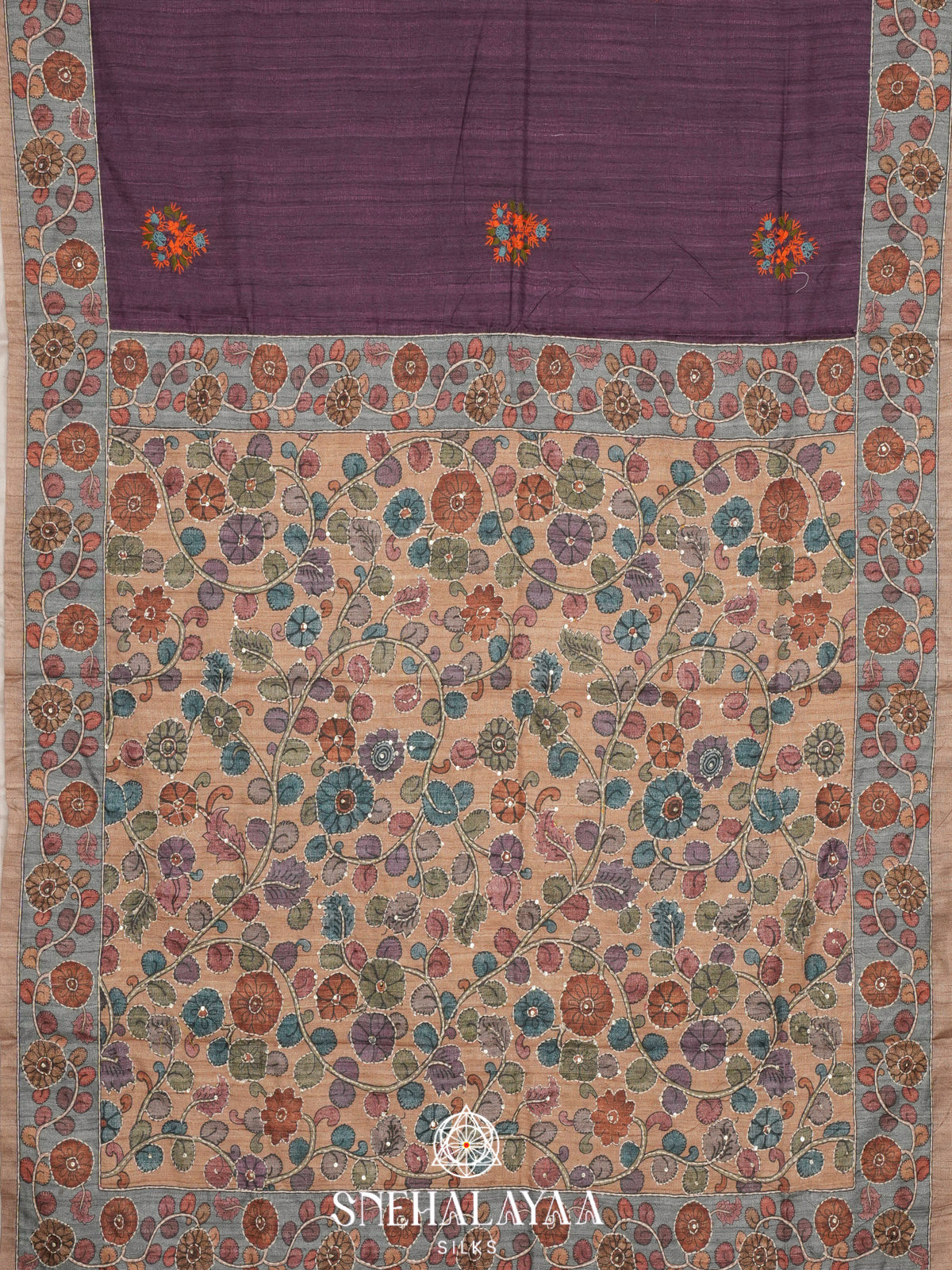 Purple Tussar Embroidery Saree with Floral Printed Border