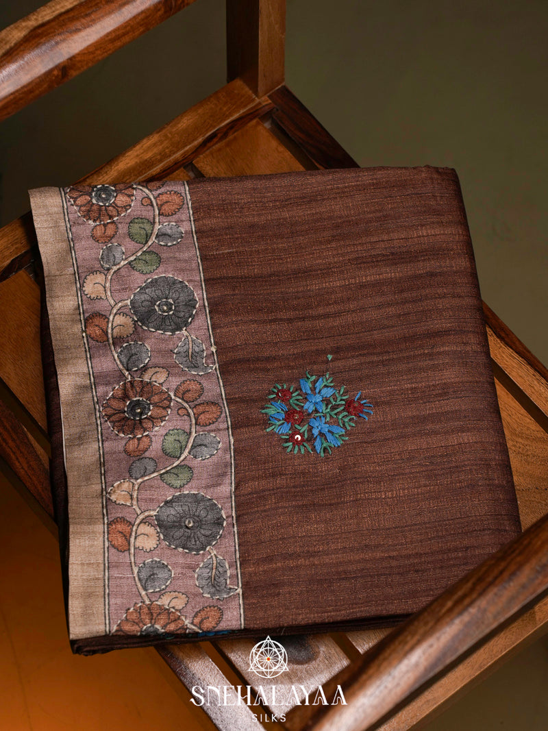 Brown Tussar Embroidery Saree with Floral Printed Border