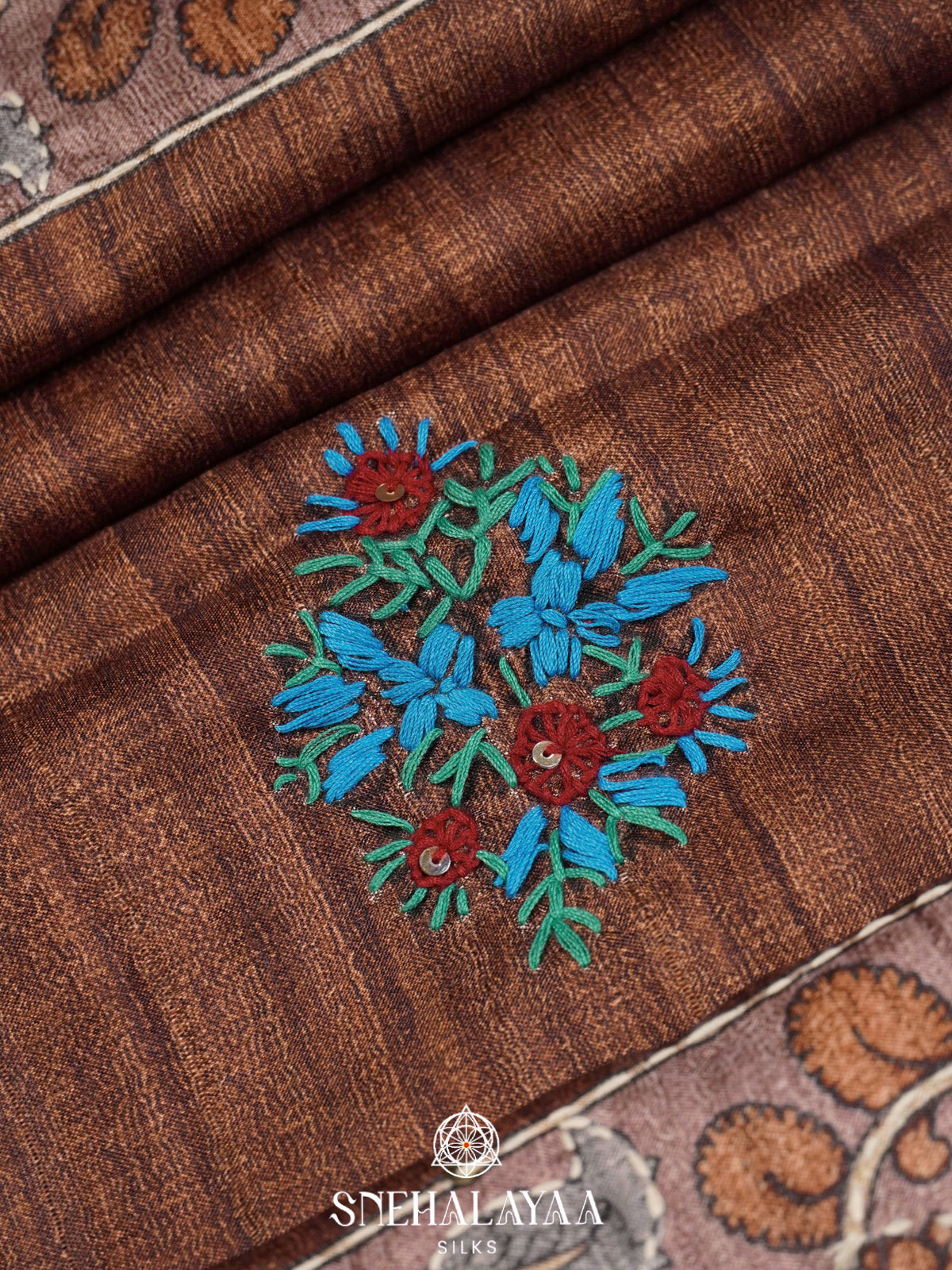 Brown Tussar Embroidery Saree with Floral Printed Border