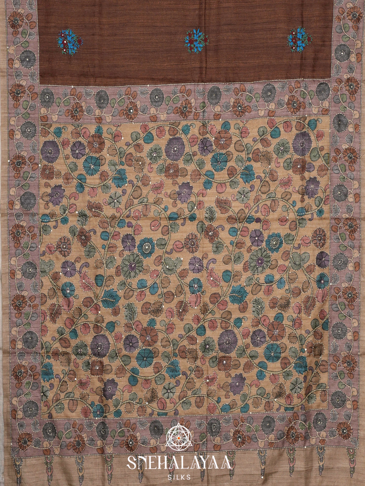 Brown Tussar Embroidery Saree with Floral Printed Border