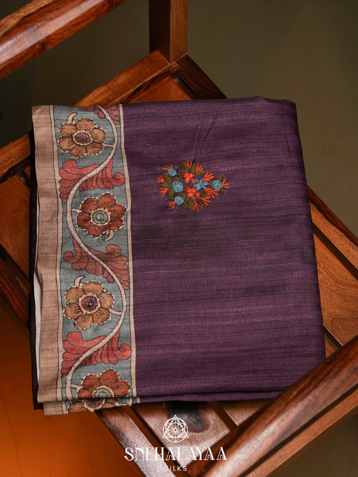 Purple Tussar Embroidery Saree with Floral Printed Border