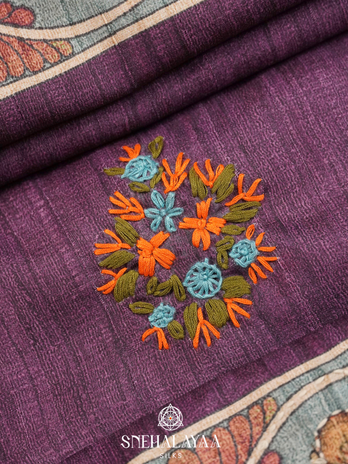 Purple Tussar Embroidery Saree with Floral Printed Border