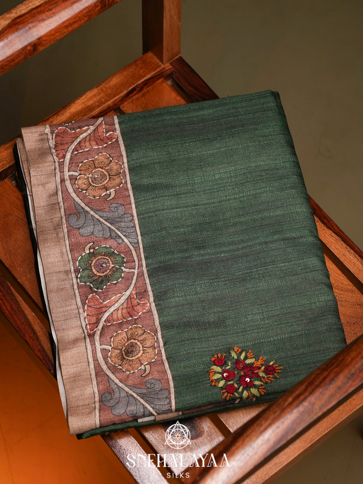 Green Tussar Embroidery Saree with Floral Printed Border