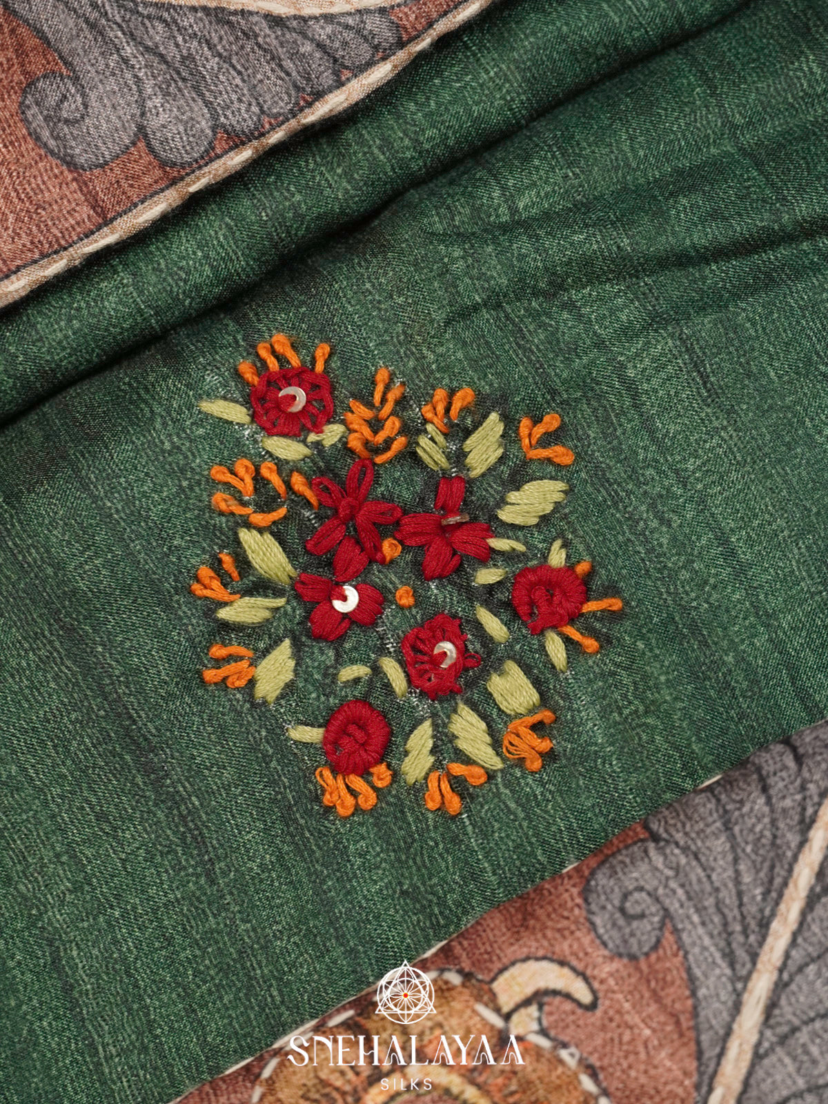 Green Tussar Embroidery Saree with Floral Printed Border