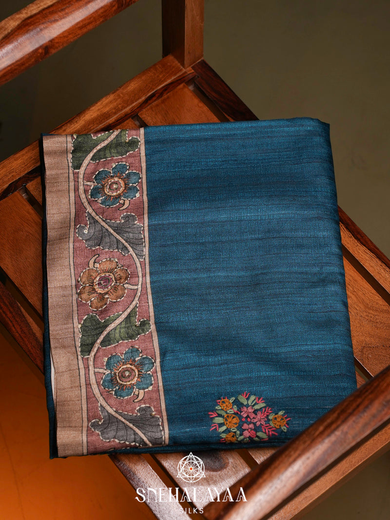 Teal Blue Tussar Embroidery Saree with Floral Printed Border