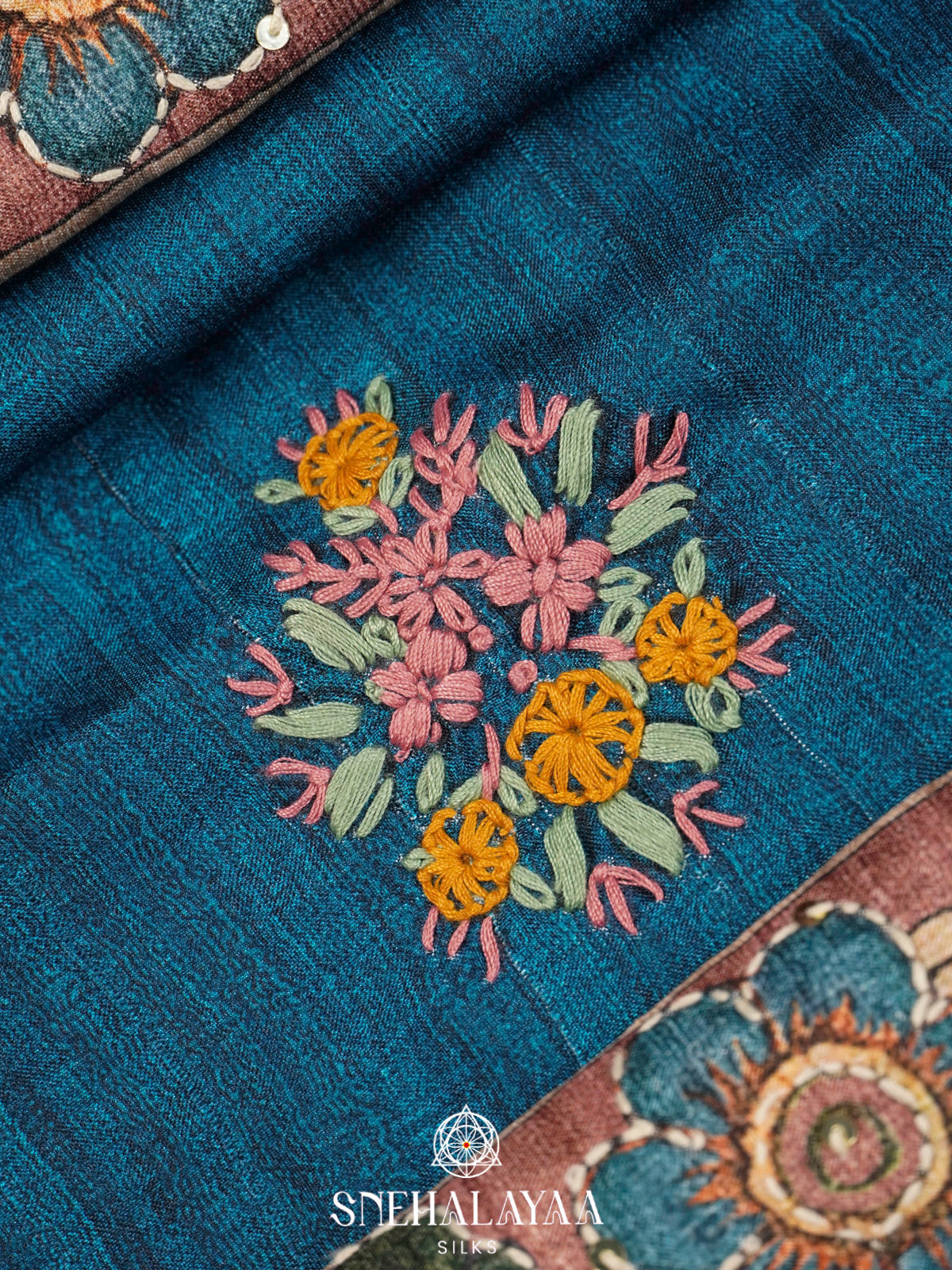 Teal Blue Tussar Embroidery Saree with Floral Printed Border