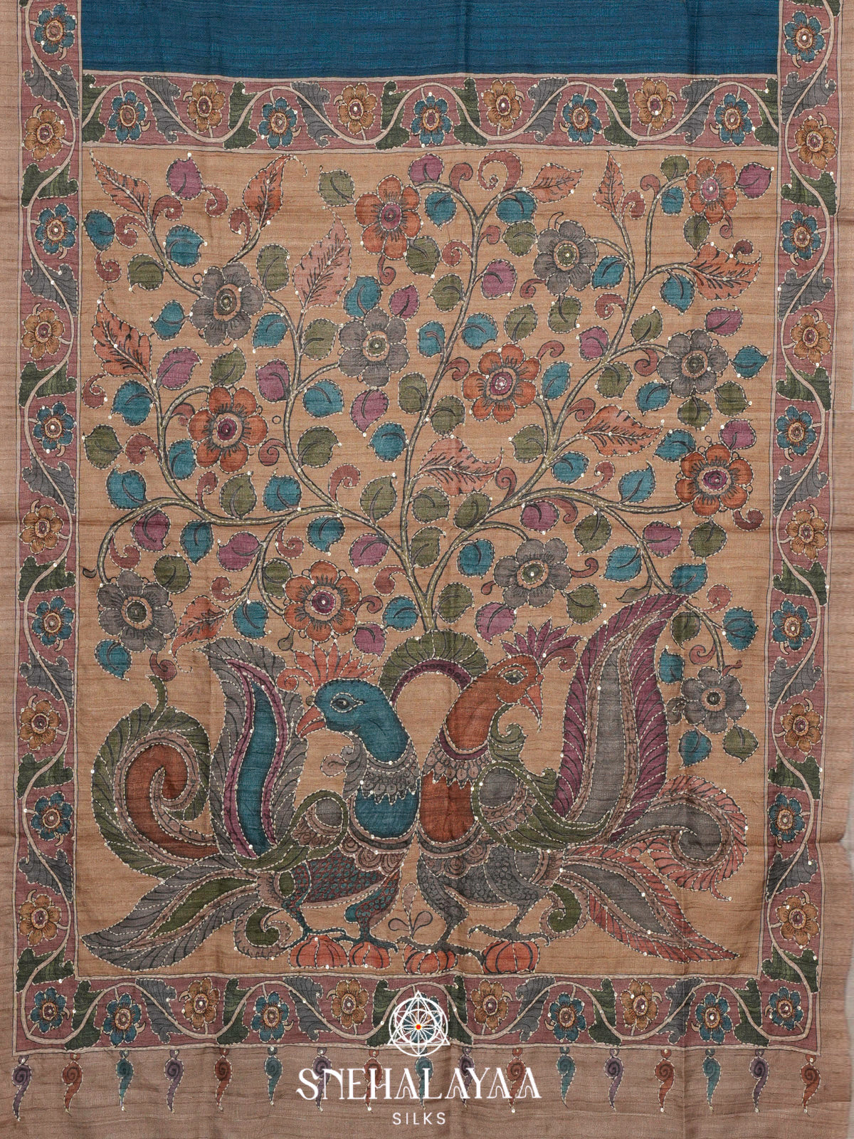 Teal Blue Tussar Embroidery Saree with Floral Printed Border