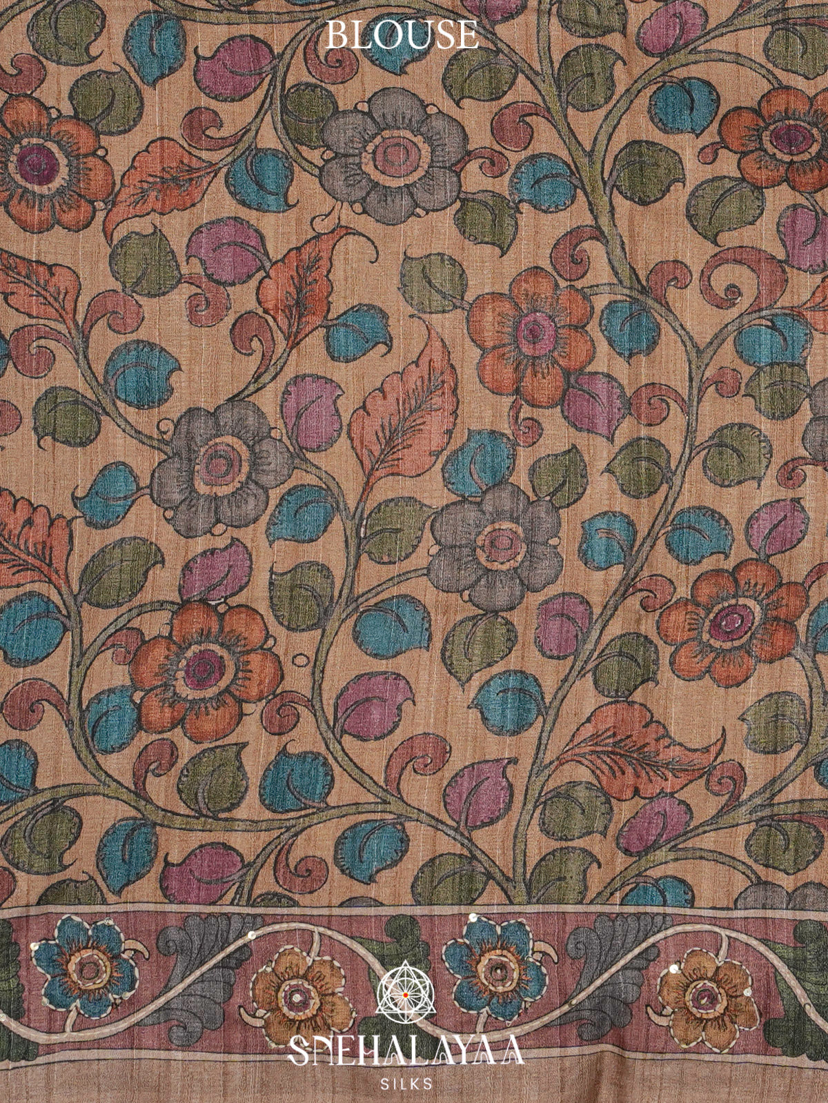 Teal Blue Tussar Embroidery Saree with Floral Printed Border