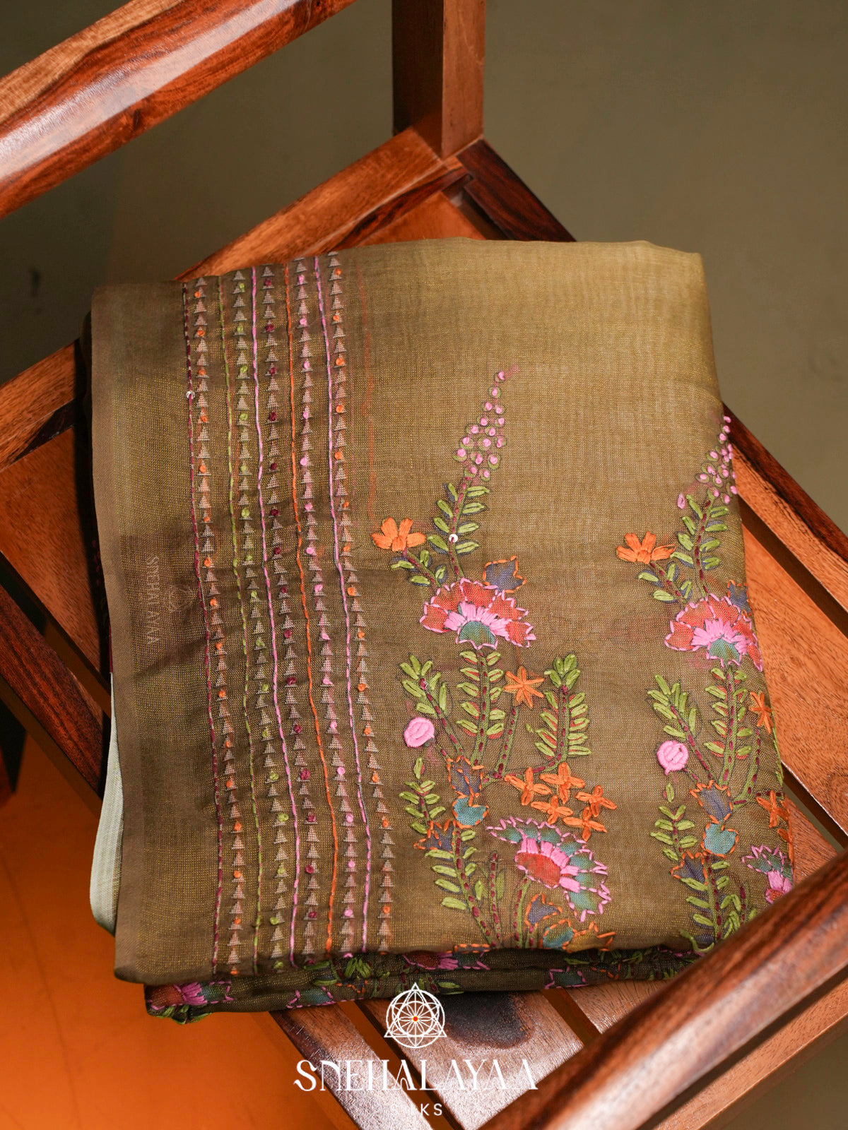 Olive Green Linen Embroidery Saree