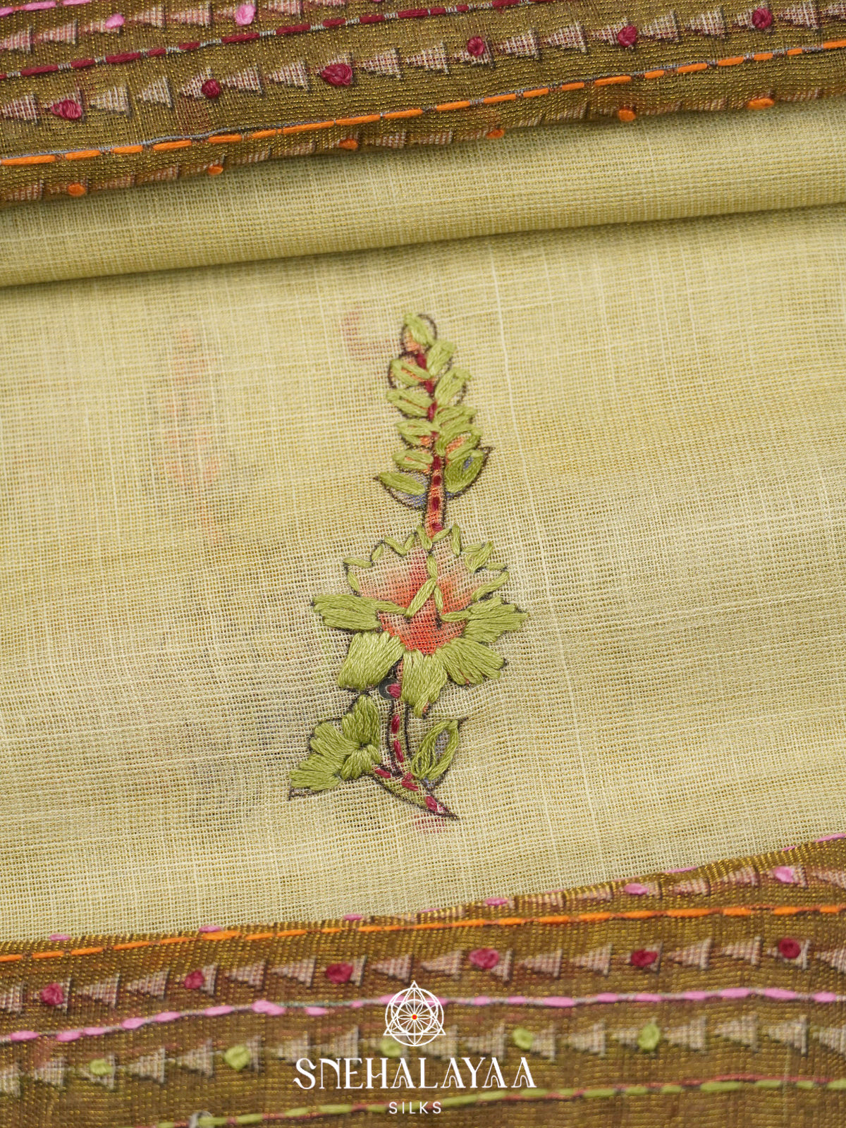 Olive Green Linen Embroidery Saree
