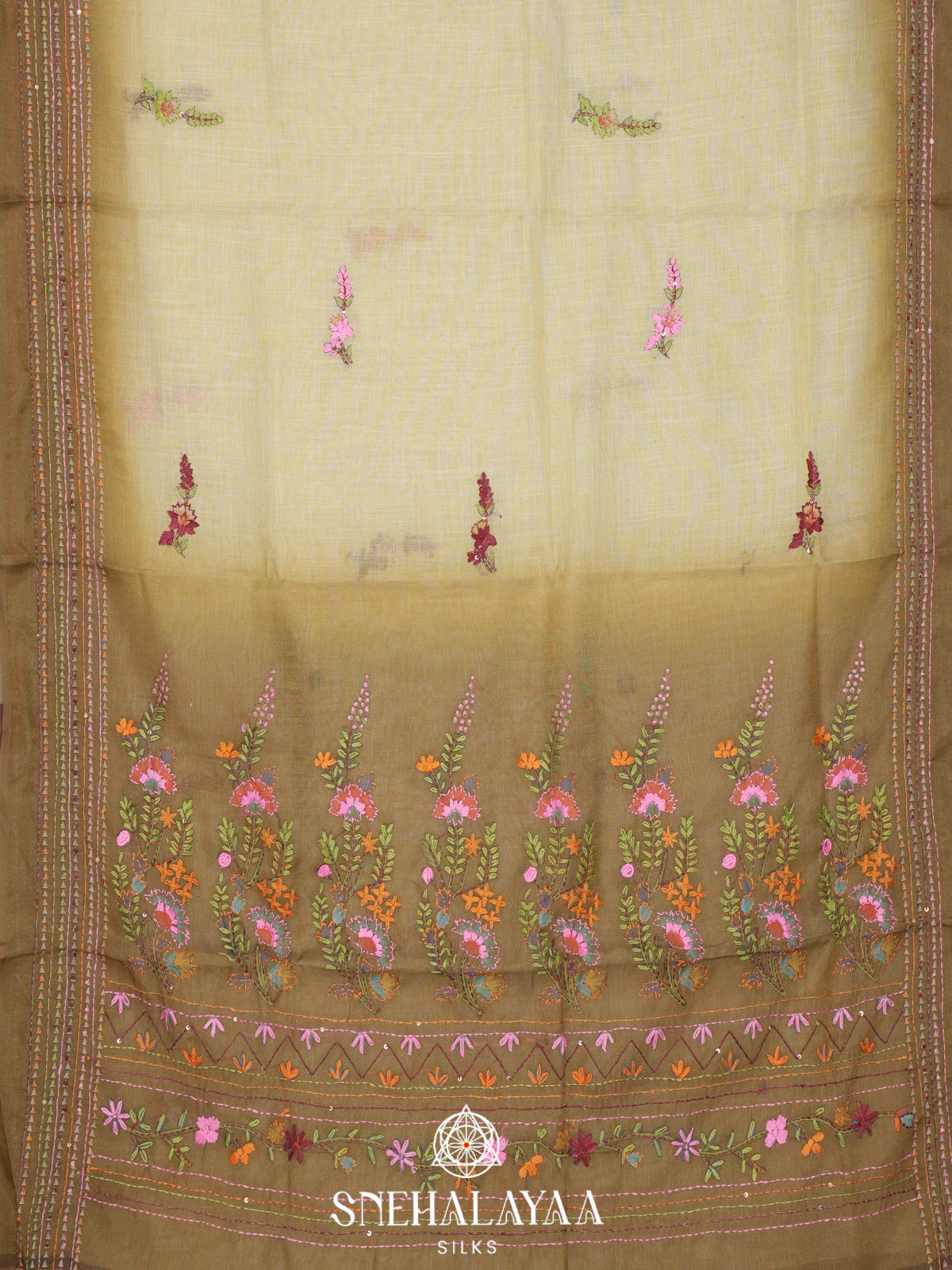 Olive Green Linen Embroidery Saree