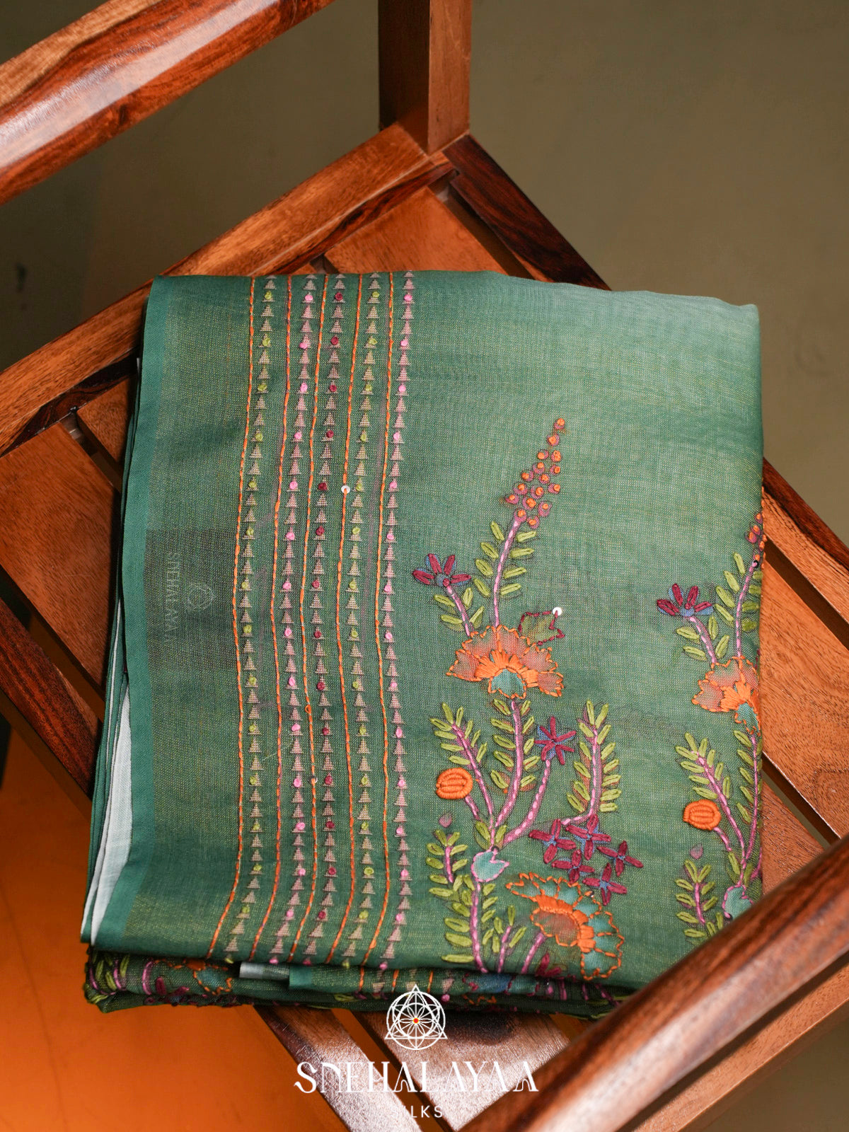 Teal Green Linen Embroidery Saree