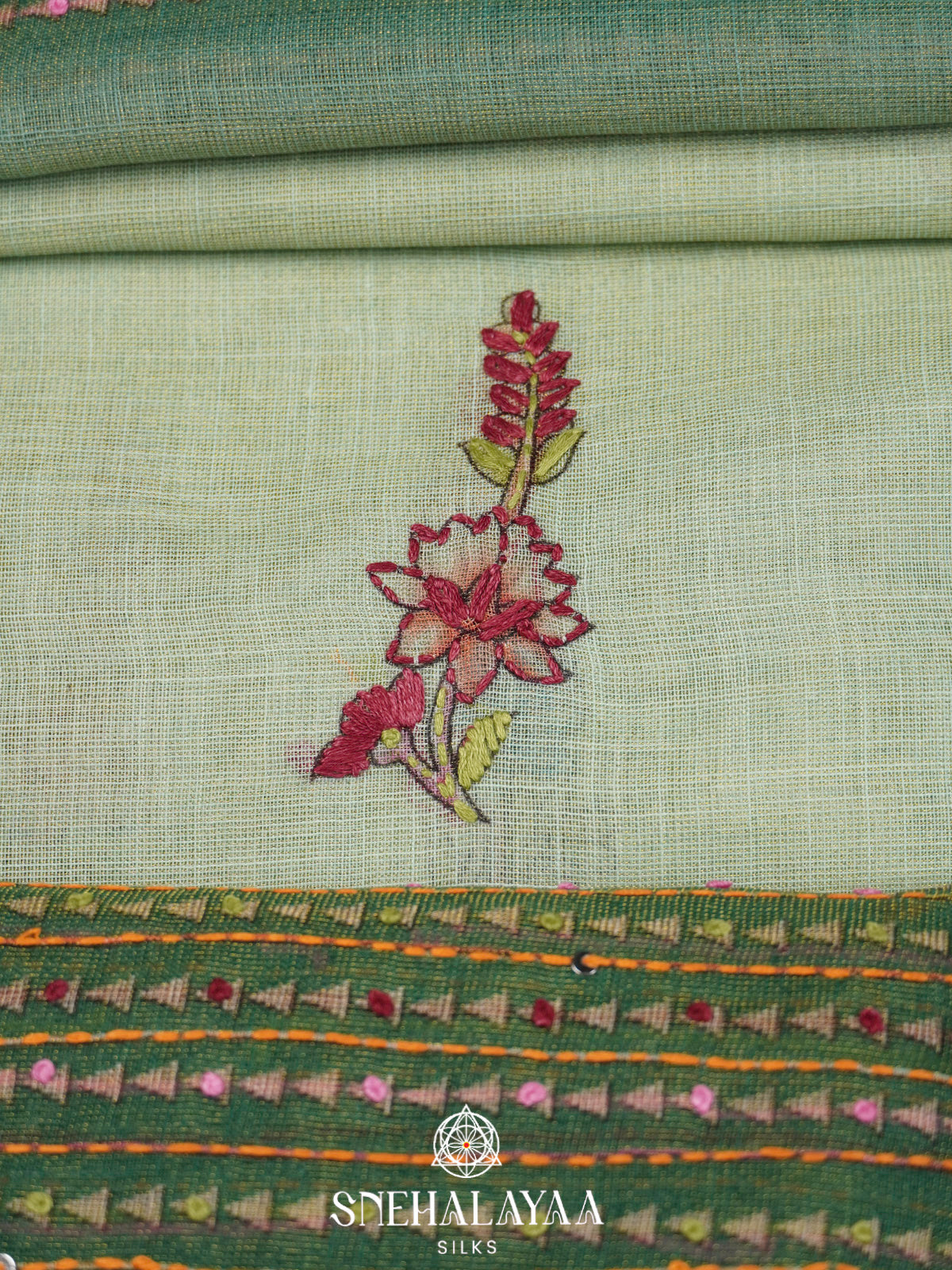Teal Green Linen Embroidery Saree