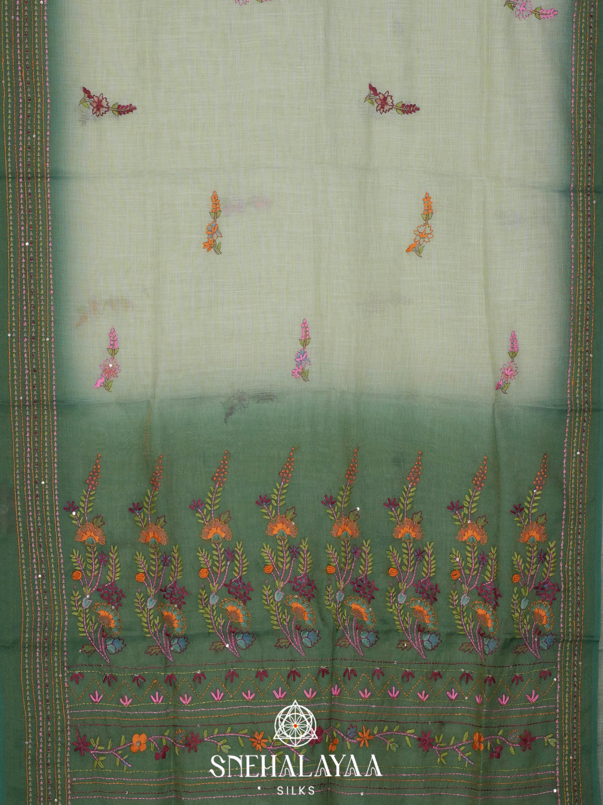 Teal Green Linen Embroidery Saree