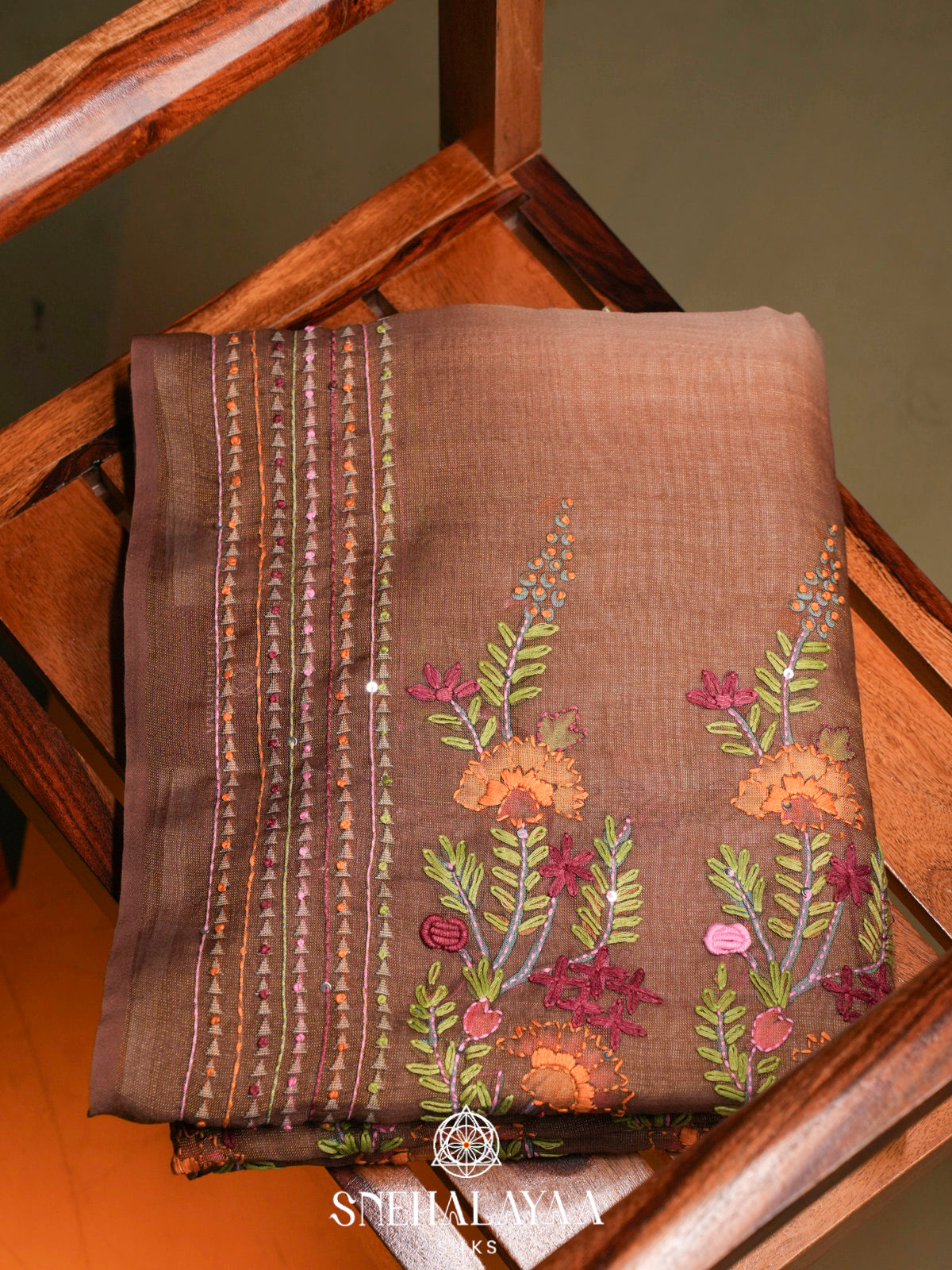 Coffee Brown Linen Embroidery Saree