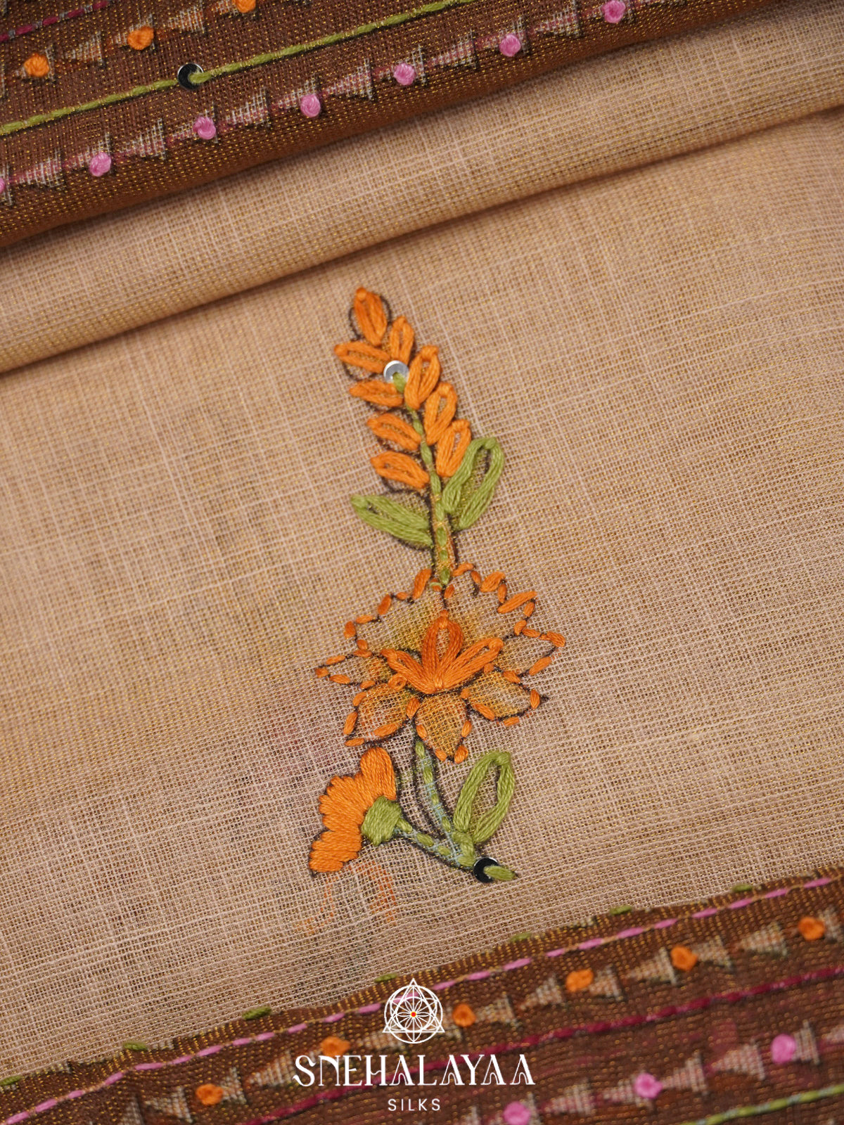 Coffee Brown Linen Embroidery Saree