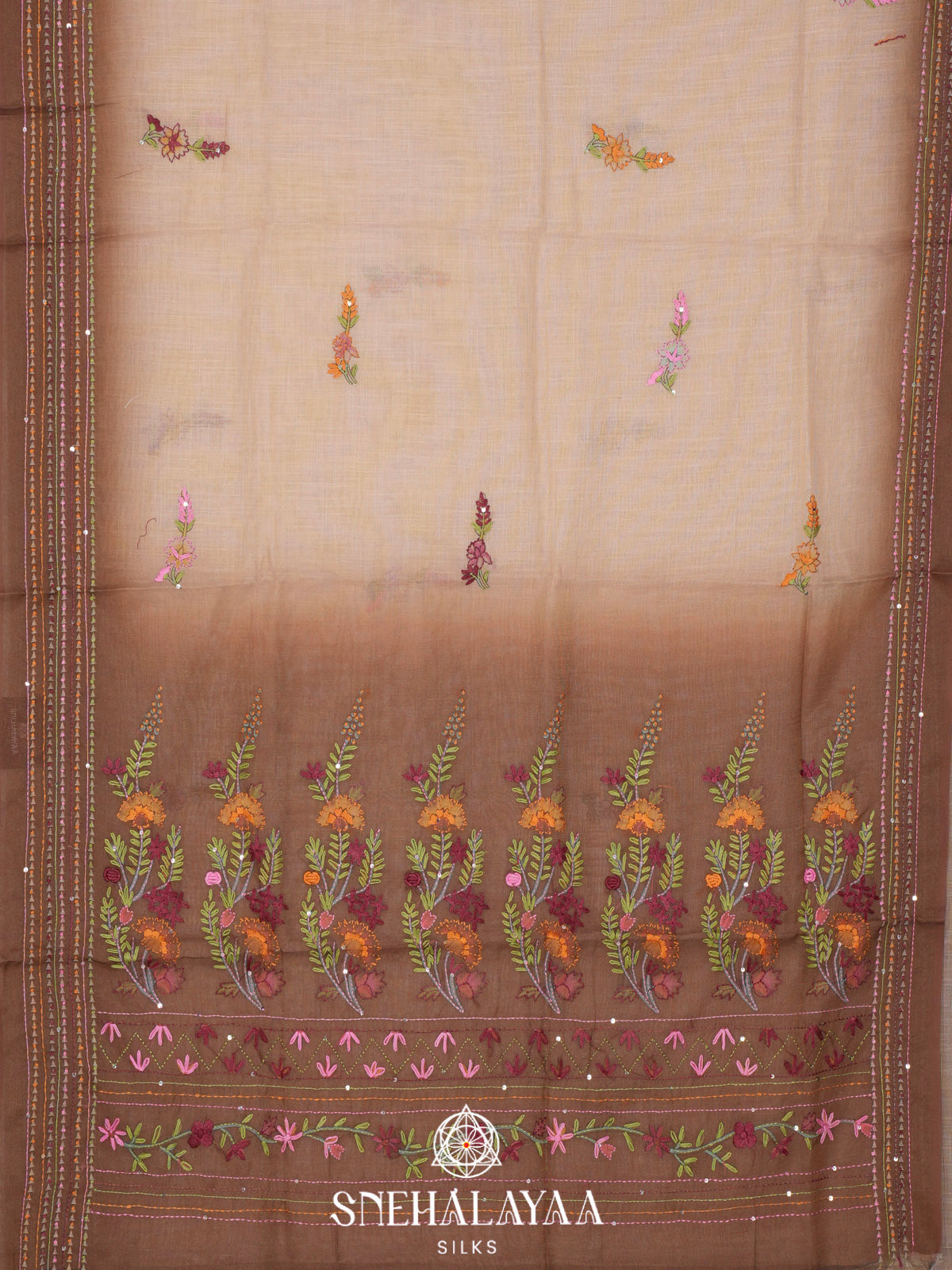 Coffee Brown Linen Embroidery Saree