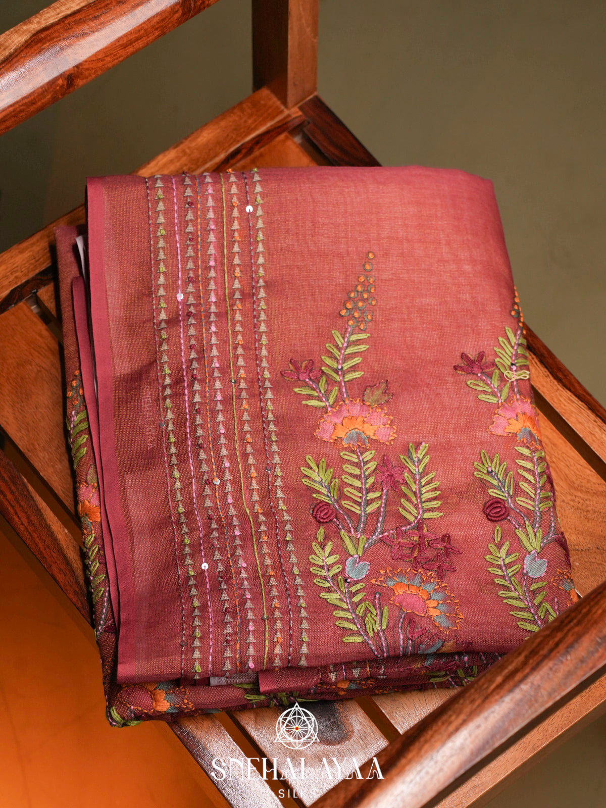Dusty Rose Linen Embroidery Saree