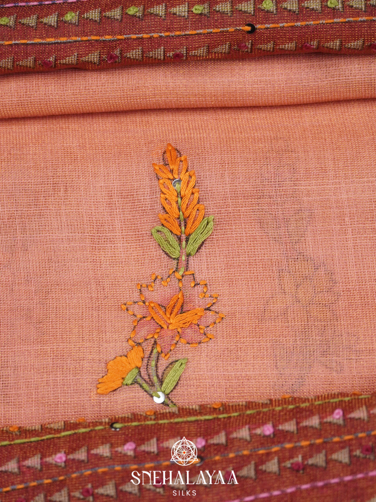 Dusty Rose Linen Embroidery Saree