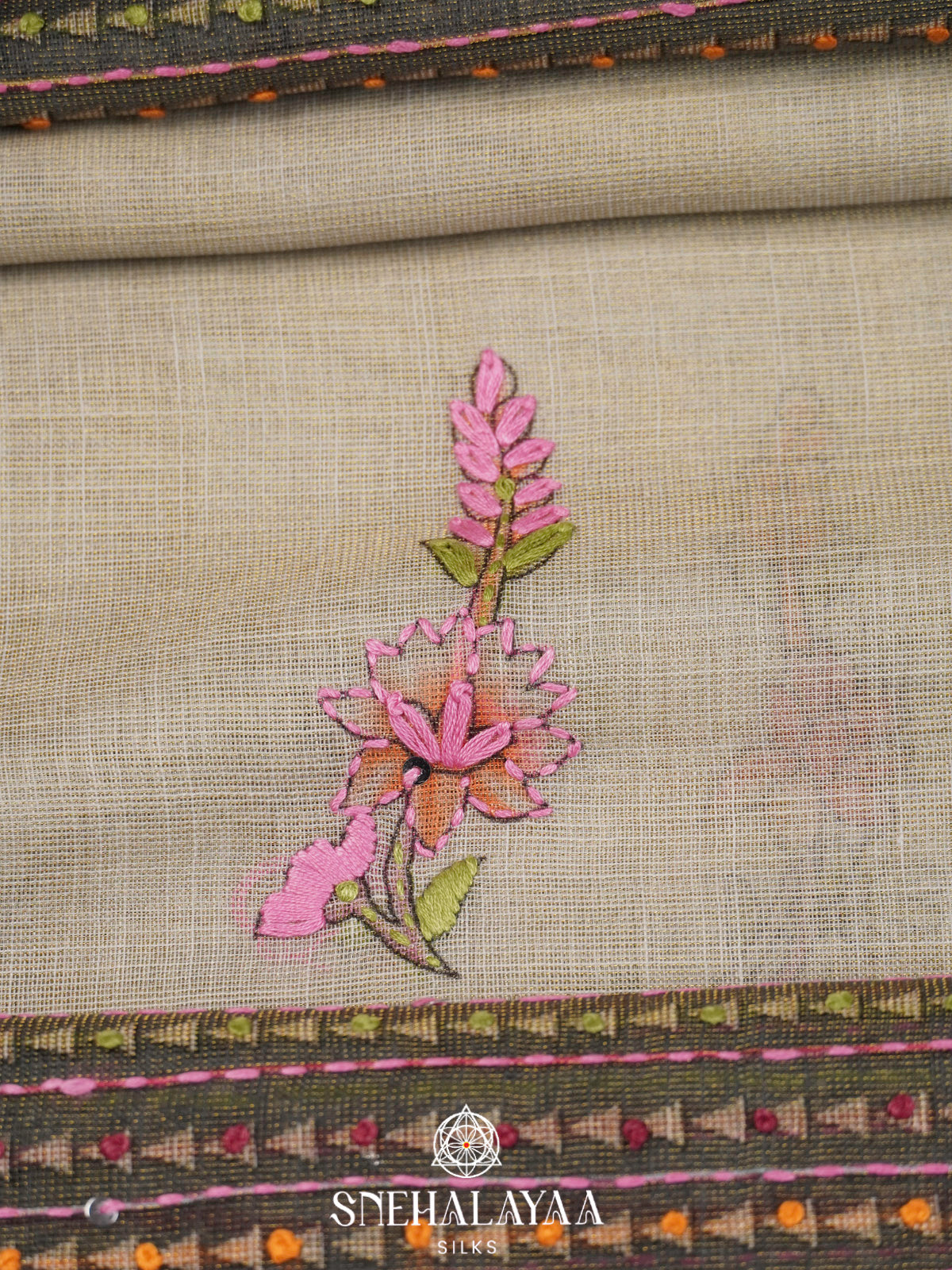 Charcoal Grey Linen Embroidery Saree