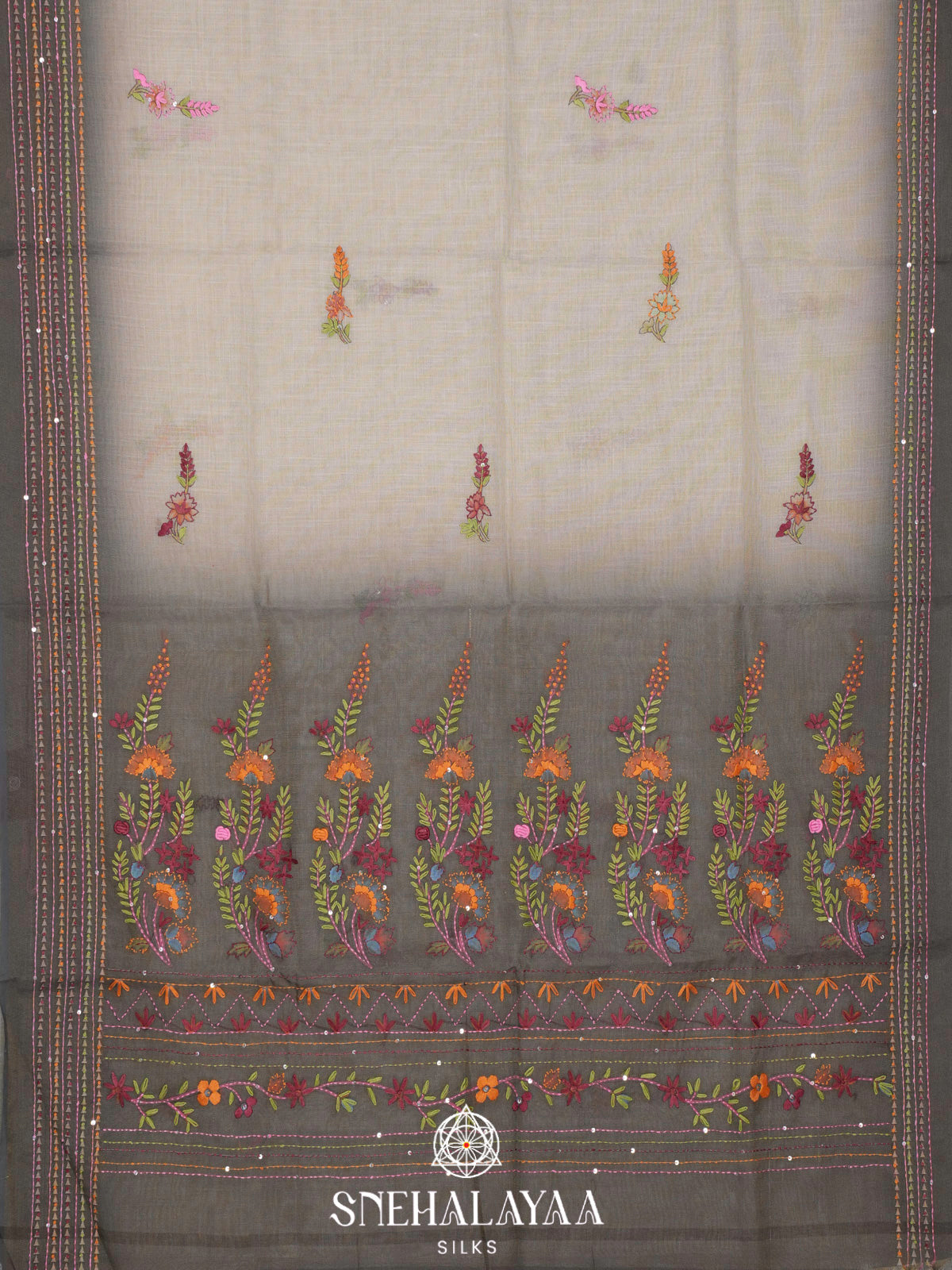 Charcoal Grey Linen Embroidery Saree