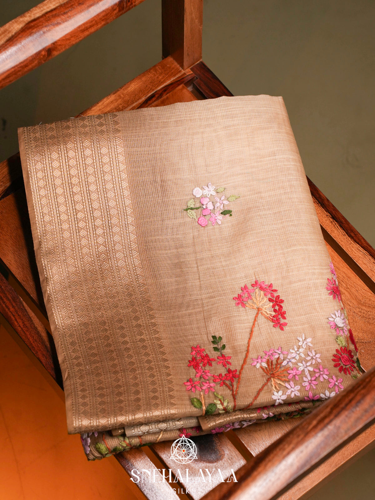 Beige Linen Embroidery Saree