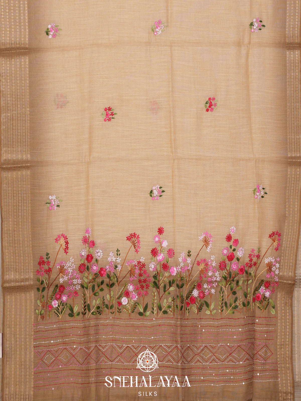 Beige Linen Embroidery Saree